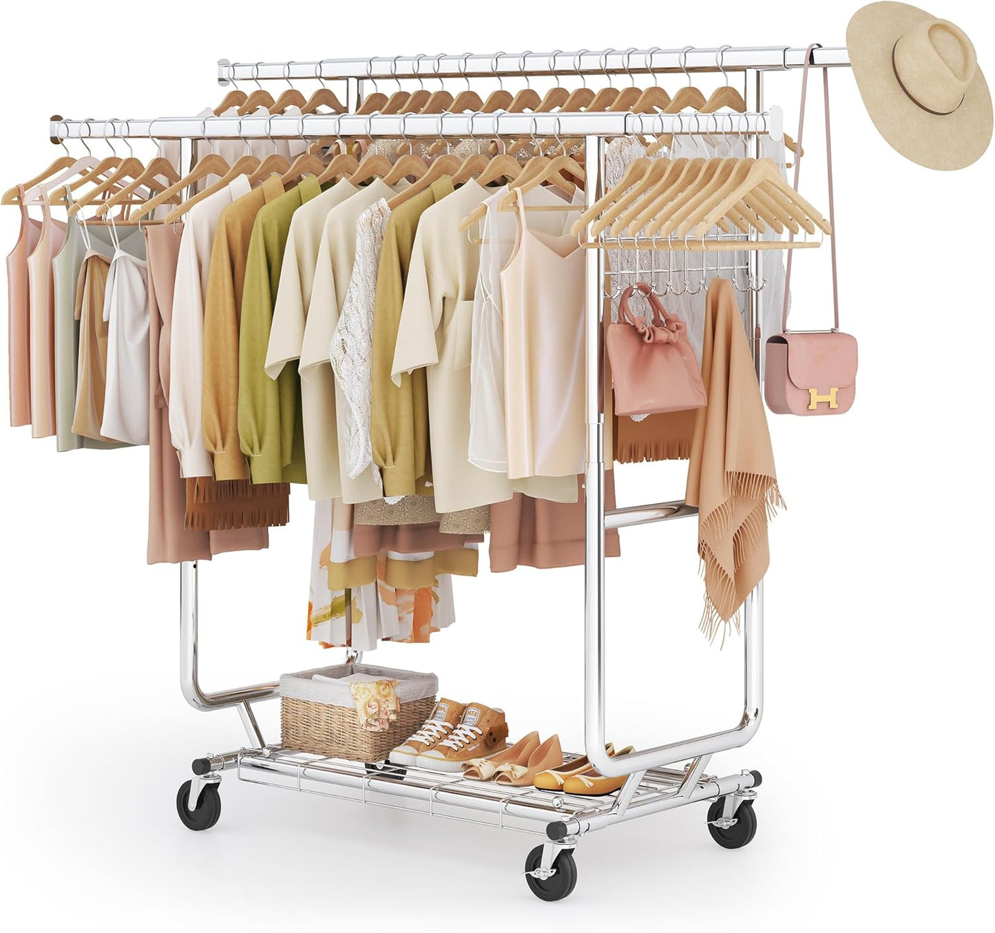 Heavy Duty Clothes Rack Load 620 Lbs, Double Rod Rolling Clothing Rack With Sturdy Wheel And Shelves，Adjustable Portable Hanging Rack For Clothes,Silver Stainless Steel