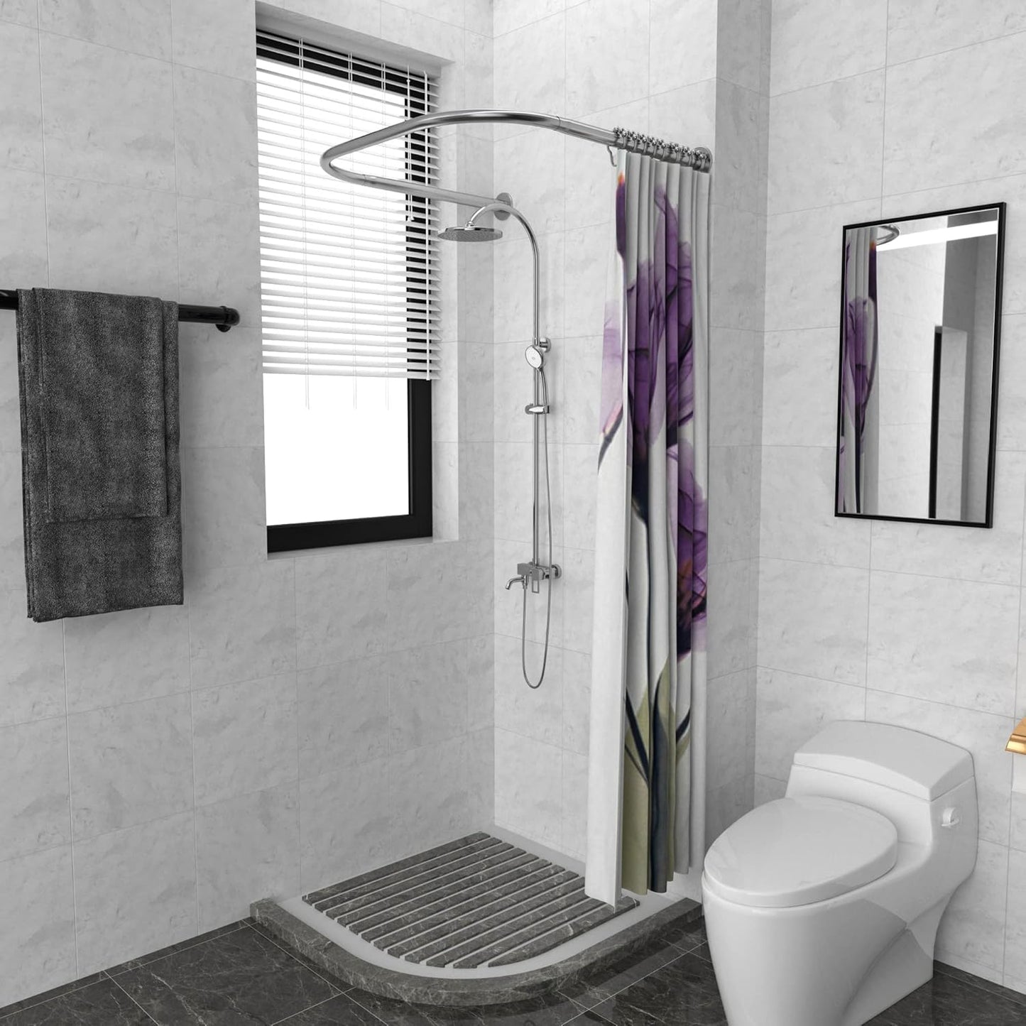 U Shower Curtain Rod Adjustable Stainless Steel U Shaped Rack Drill Free Install for Bathroom, Bathtub, Clothing Store (U Shaped, Length on both sides:31.5"-47",Middle width:34.7"-43")
