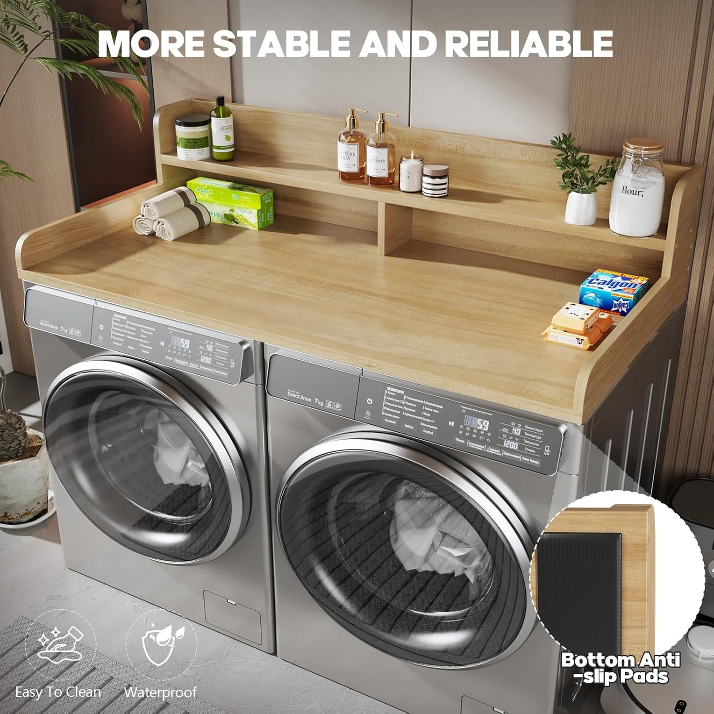 2-Tier Washer and Dryer Countertop,2.75" H Guard,58" W x 28" D Laundry Countertop Cover with Non-Slip Pad,Large Space Laundry Topper for Folding Clothes Over Washer and Dryer-Pure Wood Color