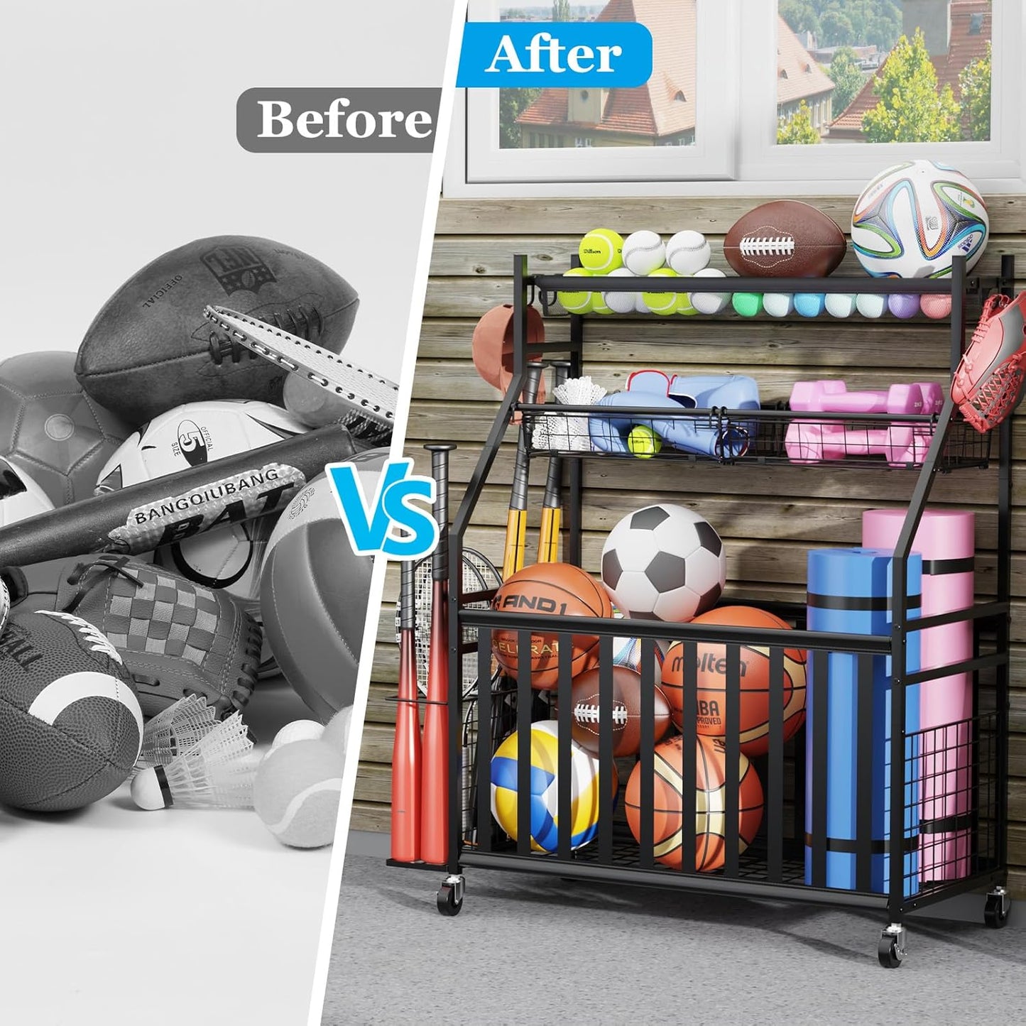 Garage Sports Equipment Organizer,Sports Ball Organizer with Wheels,Basket,Ball Organizer with Baseball Bat Rack and HooksToy Storage Rolling Cart-Black