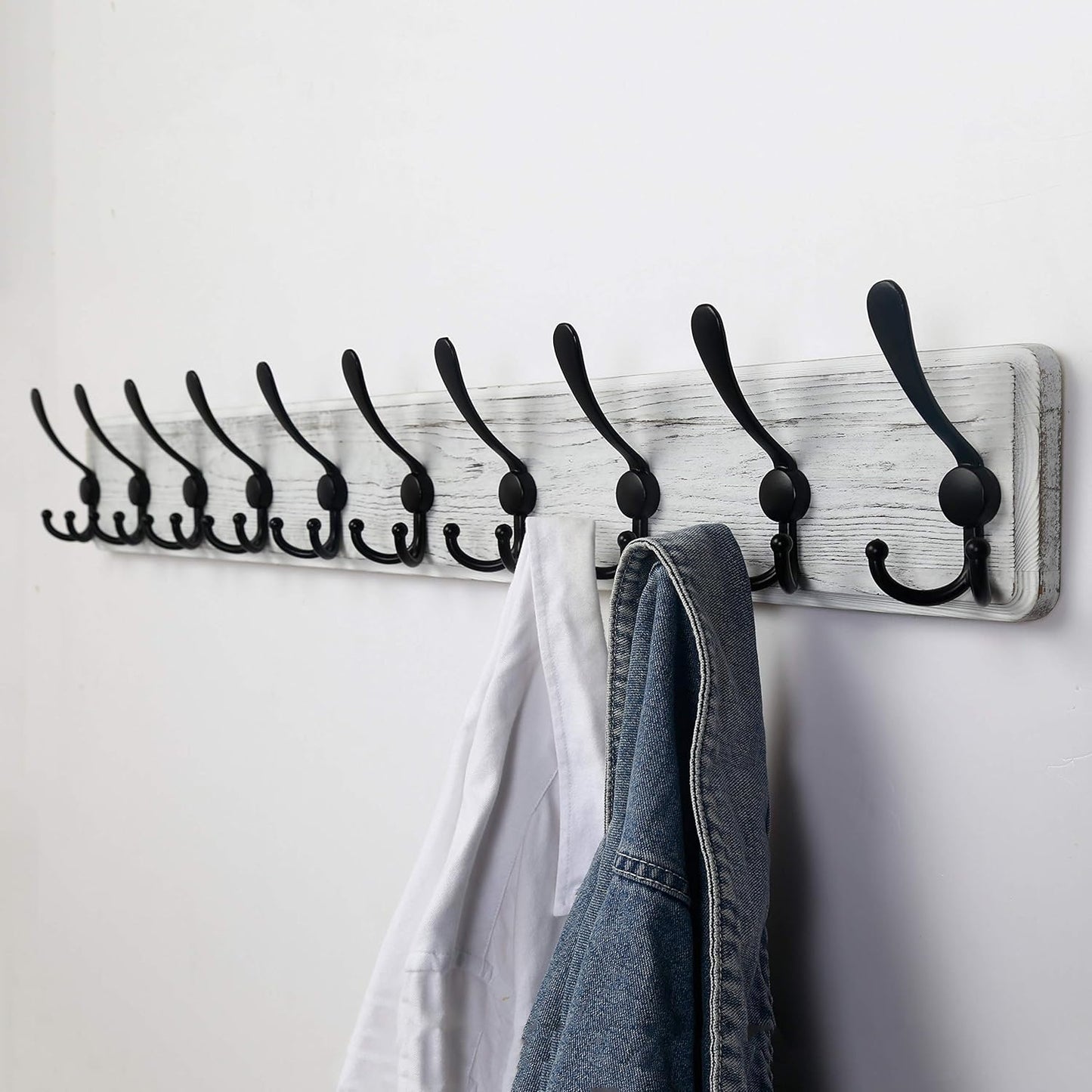 Dseap Coat Rack Wall - Heavy-Duty 38-1/4" Long, with Reinforced 10 Custom Tri-Hooks, Solid Wood Wall Hanger for Coats Hat Jackets - Rustic Farmhouse Entryway Hallway Storage, White & Black