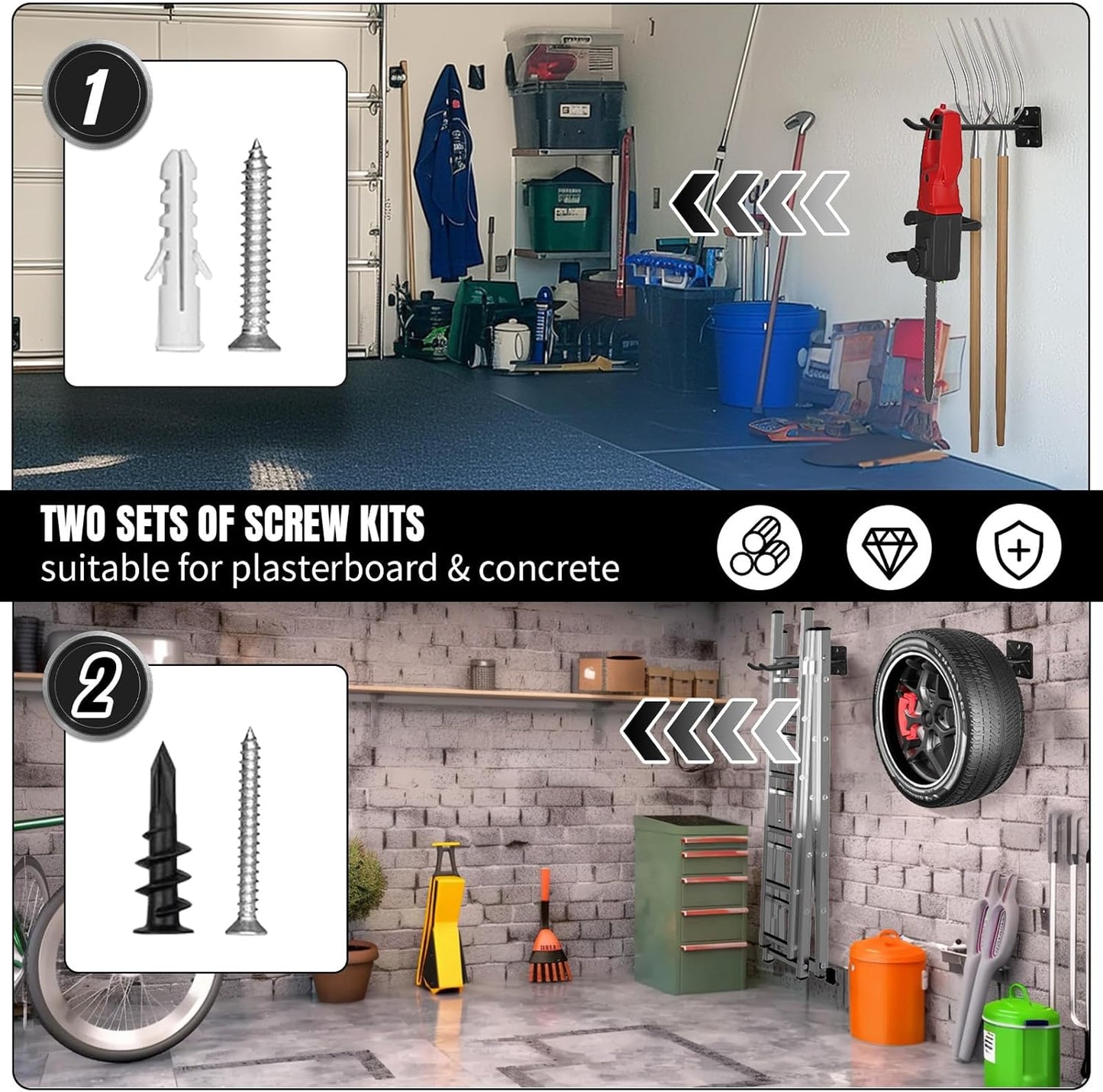 Heavy Duty Garage Hooks and Tool Organizer, Wall Mount Utility Storage Hangers for Car Tires, Ladders, Chairs, Garden Tools, Power Tools and More（4PC-12.4 Inches）