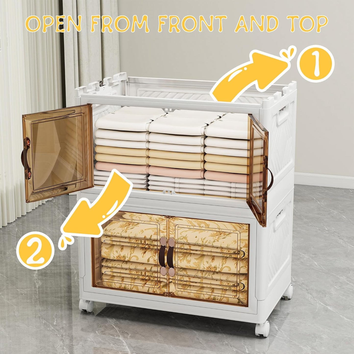 Storage Bins with Lids and Wheels, Collapsible Bathroom Storage Cabinet with Clear Doors, Plastic Stackable Closet Organizers and Storage Containers White 314 QT