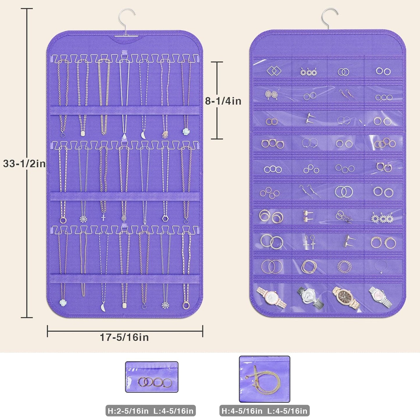 Hanging Jewelry Organizer Storage, 40 Pockets 36 Hooks Necklace Earring Necklace Bracelet Ring Organizer, Double - Sided Design, Purple