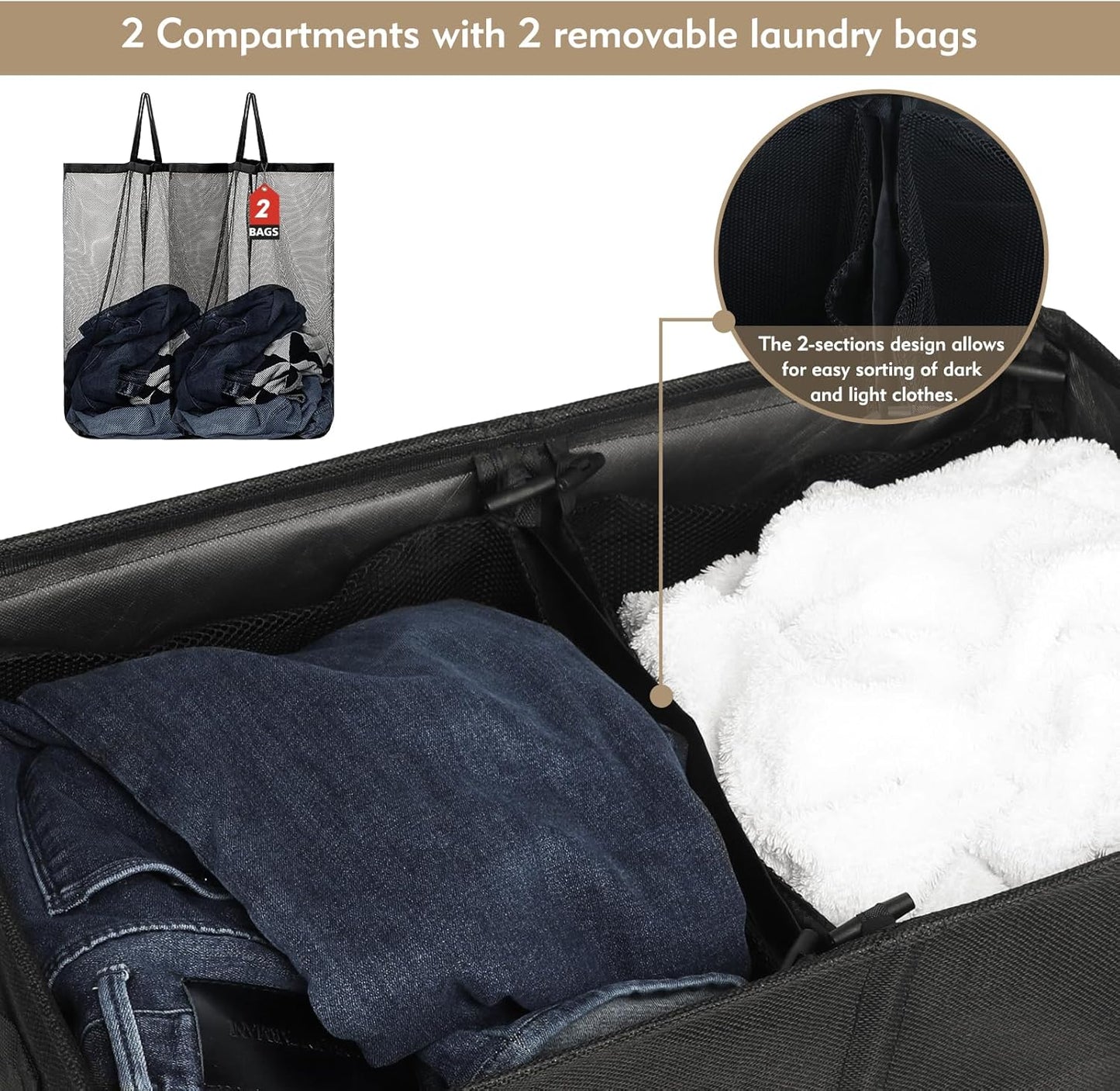 DOKEHOM 150L Double Laundry Basket with Lid and Removable Laundry Bags, Large Collapsible Laundry Hamper with 2 Sections for Bedroom, Bathroom, Laundry Room, Colloge (Black)