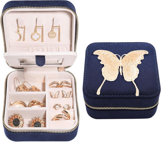 S.Leaf Travel Jewelry Organizer Boxes for Women Small Portable Necklace Earrings Bracelet Rings Travel Case Best Friend Birthday Gifts for Women Trendy (Butterfly_Blue_Gold)