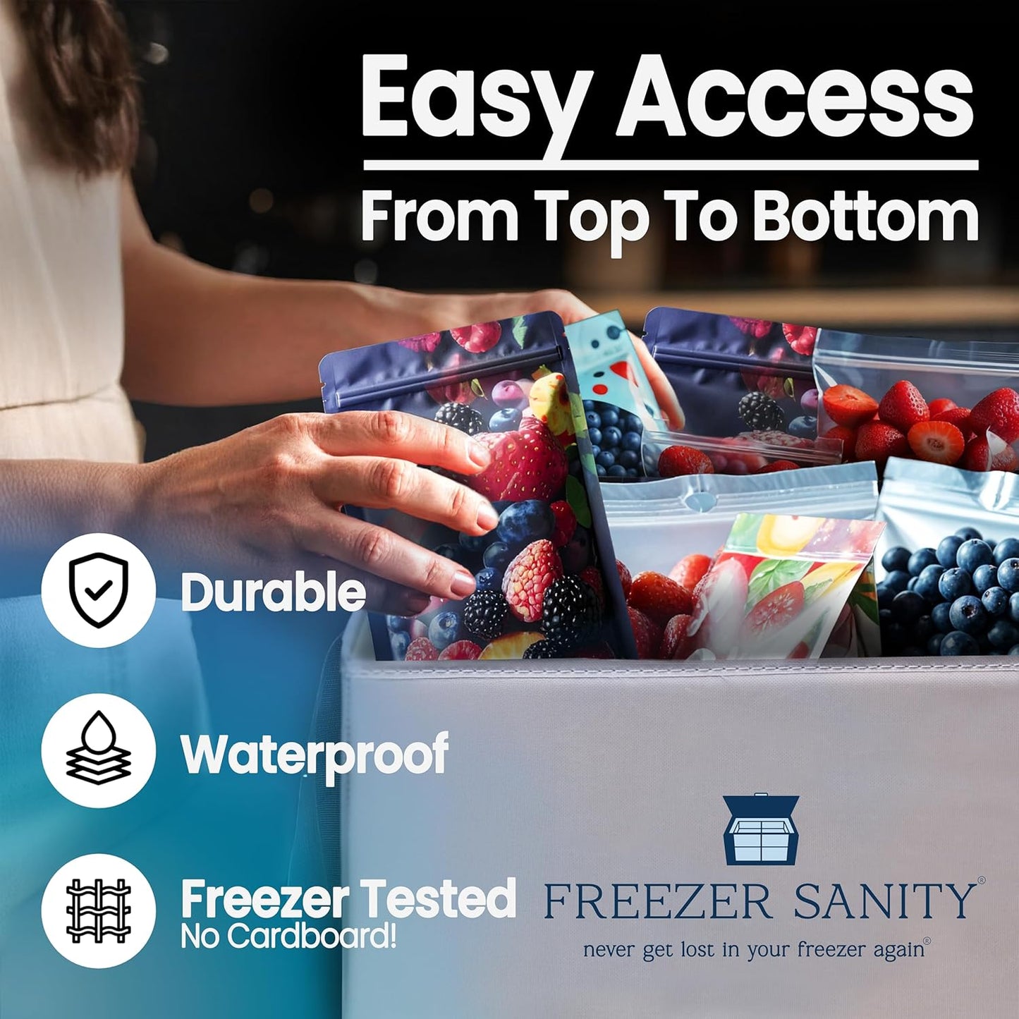 The Original Chest Freezer Organizer Bins, Stackable Storage Organizers, Deep Freezer Dividers, Handles, Heavy-Duty, Waterproof (2 Pack Large 19x14x9)