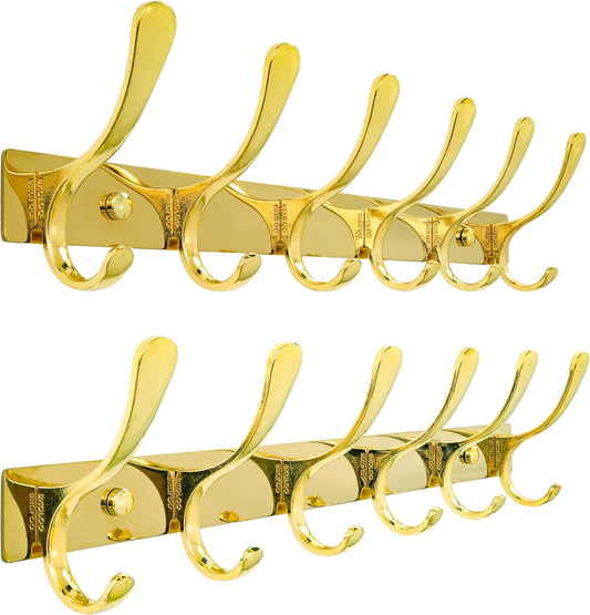 SKOLOO Coat Rack Wall Mounted - 6 Hooks, Pack of 2, Heavy Duty, Stainless Steel, Metal Wall Hangers, Sturdy Coat Hooks for Hanging Coats, Jacket, Clothes, Hat, Bright Gold