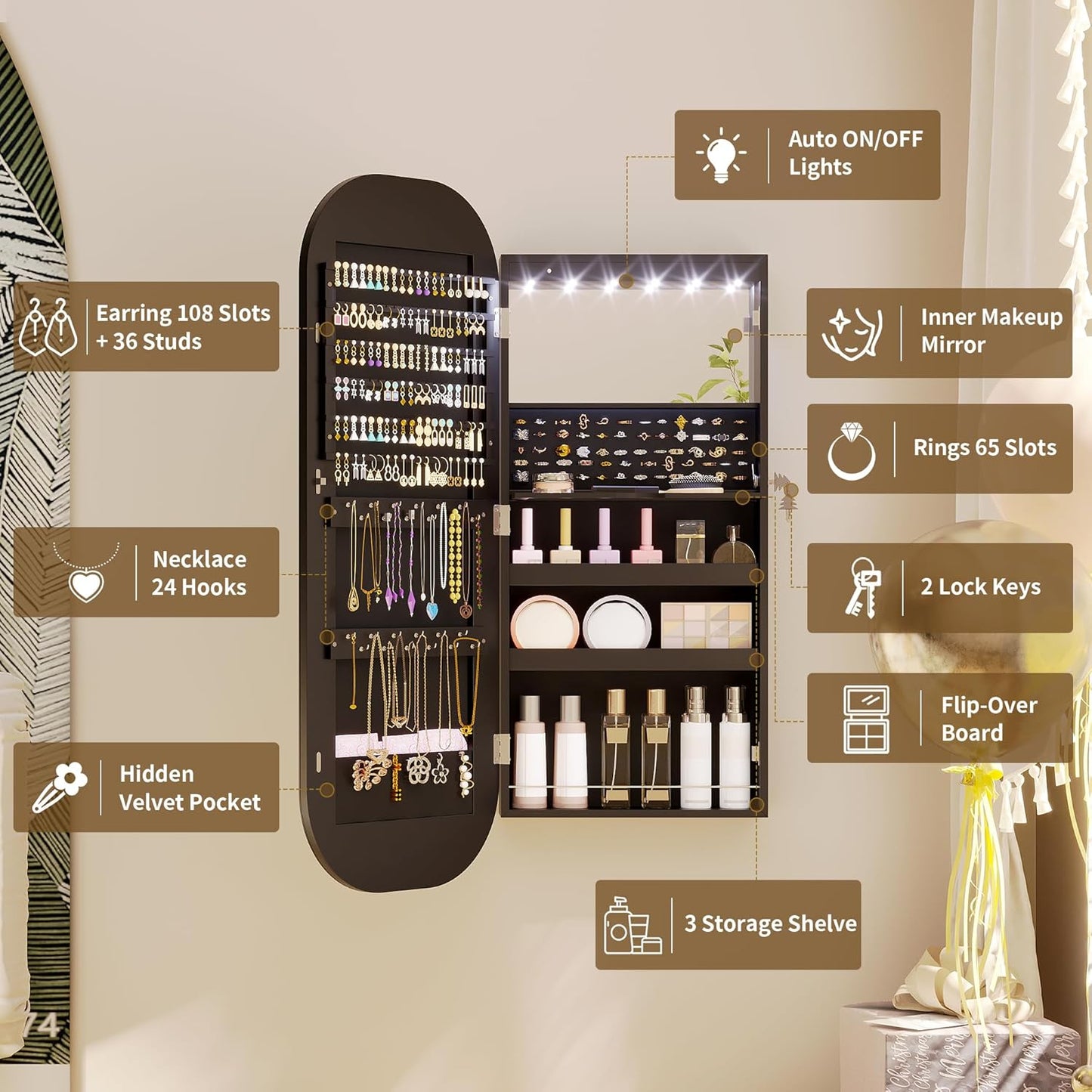 LVSOMT LED Mirror Jewelry Cabinet, Wall/Door Mount Jewelry Mirror Organizer, Rounded Full Length Mirror with Storage, Lockable Jewelry Armoire, 16" Wide, Foldable Shelf, Interior Mirror, Black