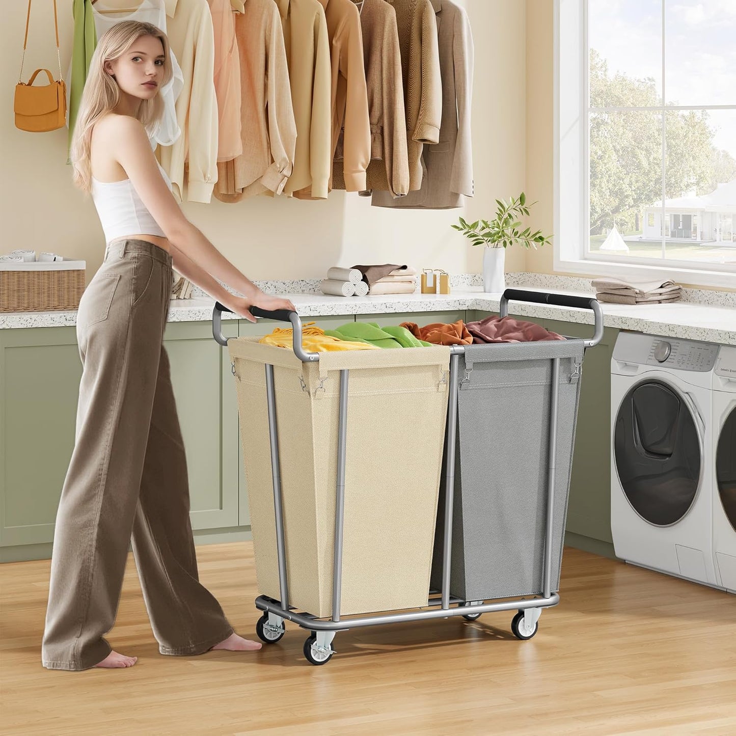 Large laundry hamper with Wheels, 2 Bag 360L Big Rolling Laundry Basket Sorter Cart, Extra Large Laundry Clothes Hamper, Heavy Duty Laundry Basket Organizer for Laundry Room,Bathroom