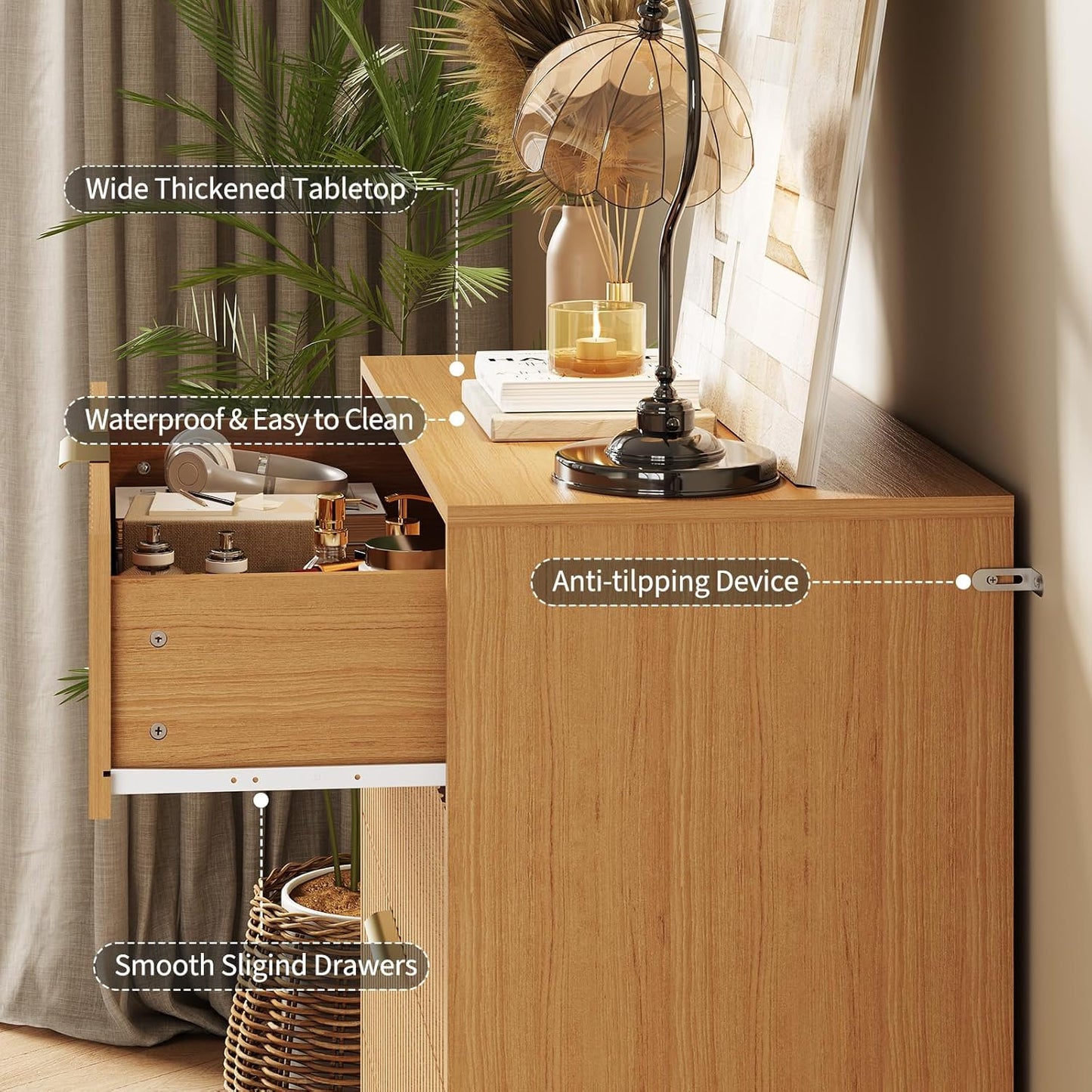Garvee Fluted Dresser for Bedroom with 4 Drawers,32" Wide Modern Chest of Wooden Bedroom Chest with Metal Handle,Wide Clothes Storage Organizer,Closet Dresser & TV Stand for Living Room,Natura Oak