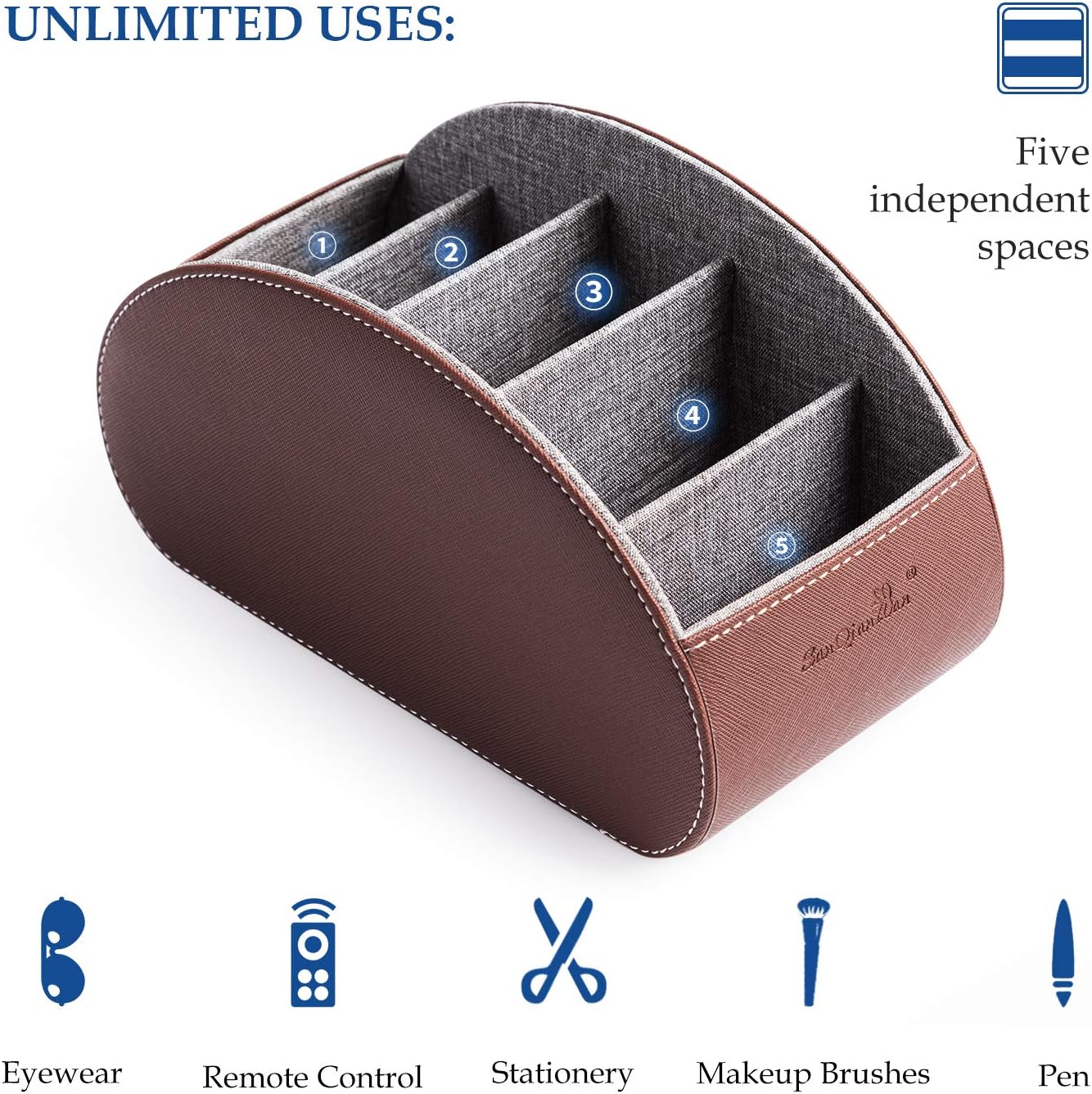 Remote Control Holders Organizer Box with 5 Compartment PU Leather Multi-functional Office Desk Storage Caddy Store Tv Remote for Media Player,Brush,Pencil,Glassees&Office Supplies (Dark Brown)