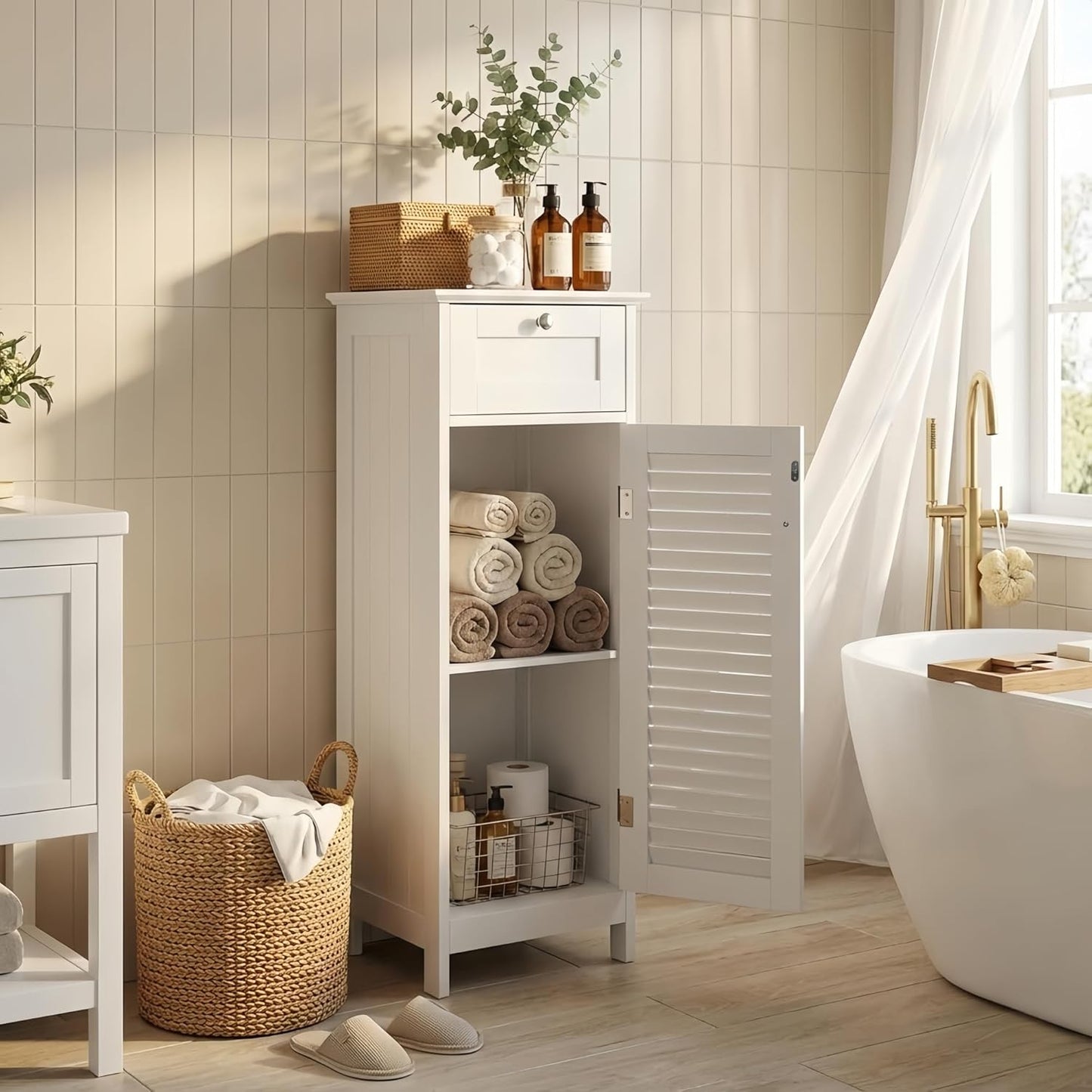 Modern Style Bathroom Storage Cabinet Made of Sturdy MDF Equipped with Anti Tipping Device and Anti Slip Felt mat 12.6x11.8x34.3in White, for bathrooms Kitchens