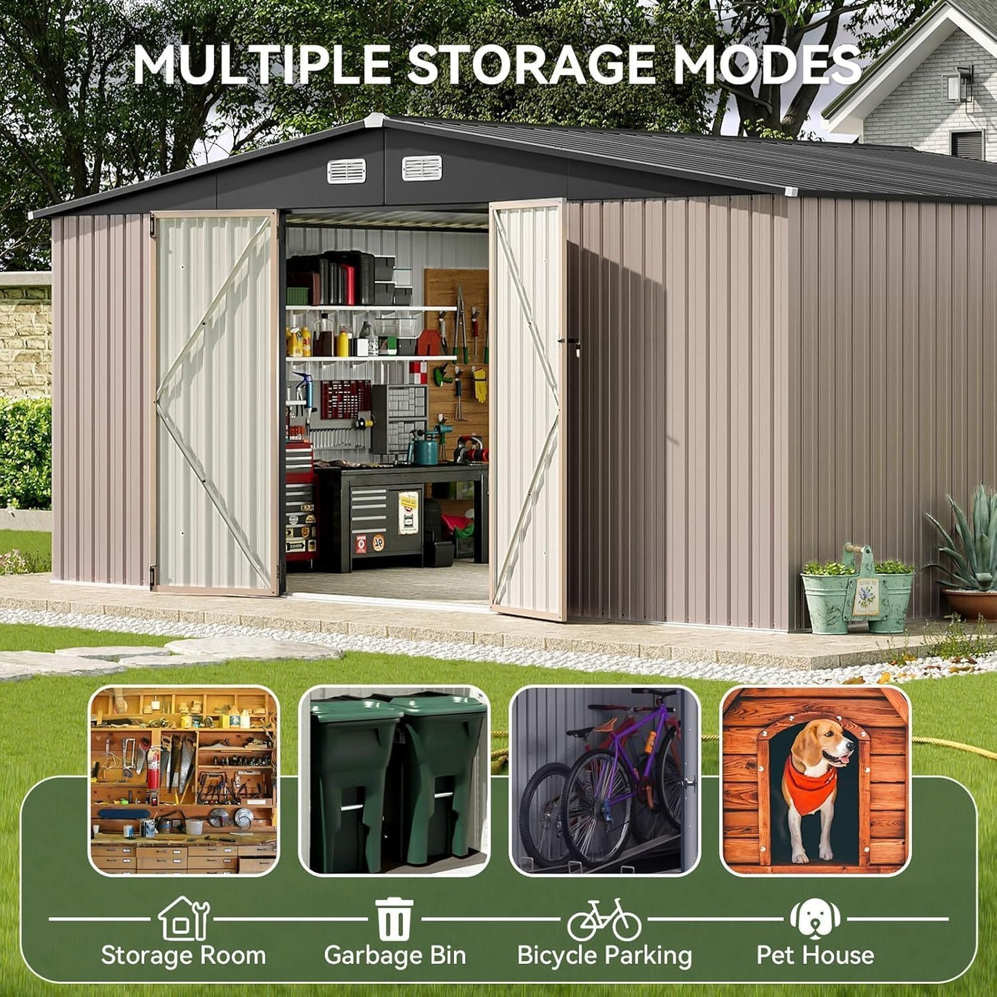Aoxun 14x12 FT Large Shed Outdoor Storage Shed with 2 Large and Tall Doors, Utility Tool Shed Storage House with Lock, Metal Sheds with Sloped Roof for Patio Garden Lawn, Brown
