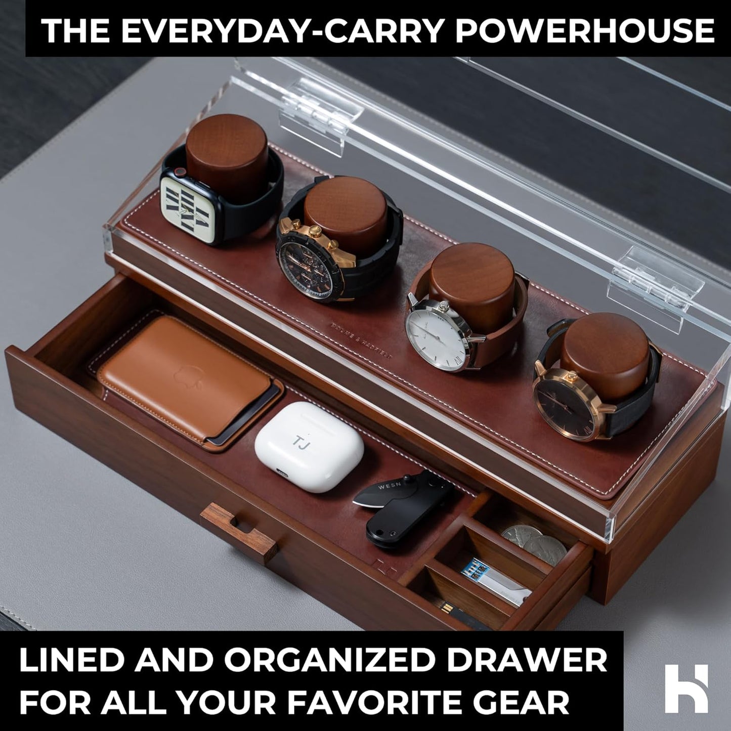 Holme & Hadfield Premium 4 Slot Watch Box for Men - Wooden Watch Display Case with Hinged Cover, Leather Lining & Drawer - Watch Holder Organizer Stand - Handcrafted Luxury Christmas Gift for Men