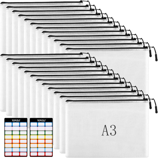 24pcs Mesh Zipper Pouches, A3 Size 17 x 12 inches Waterproof Black Zipper Bags, Water-Resistant Plastic Zipper Pouch for School Office Supplies, Puzzles & Games Organizing Storage