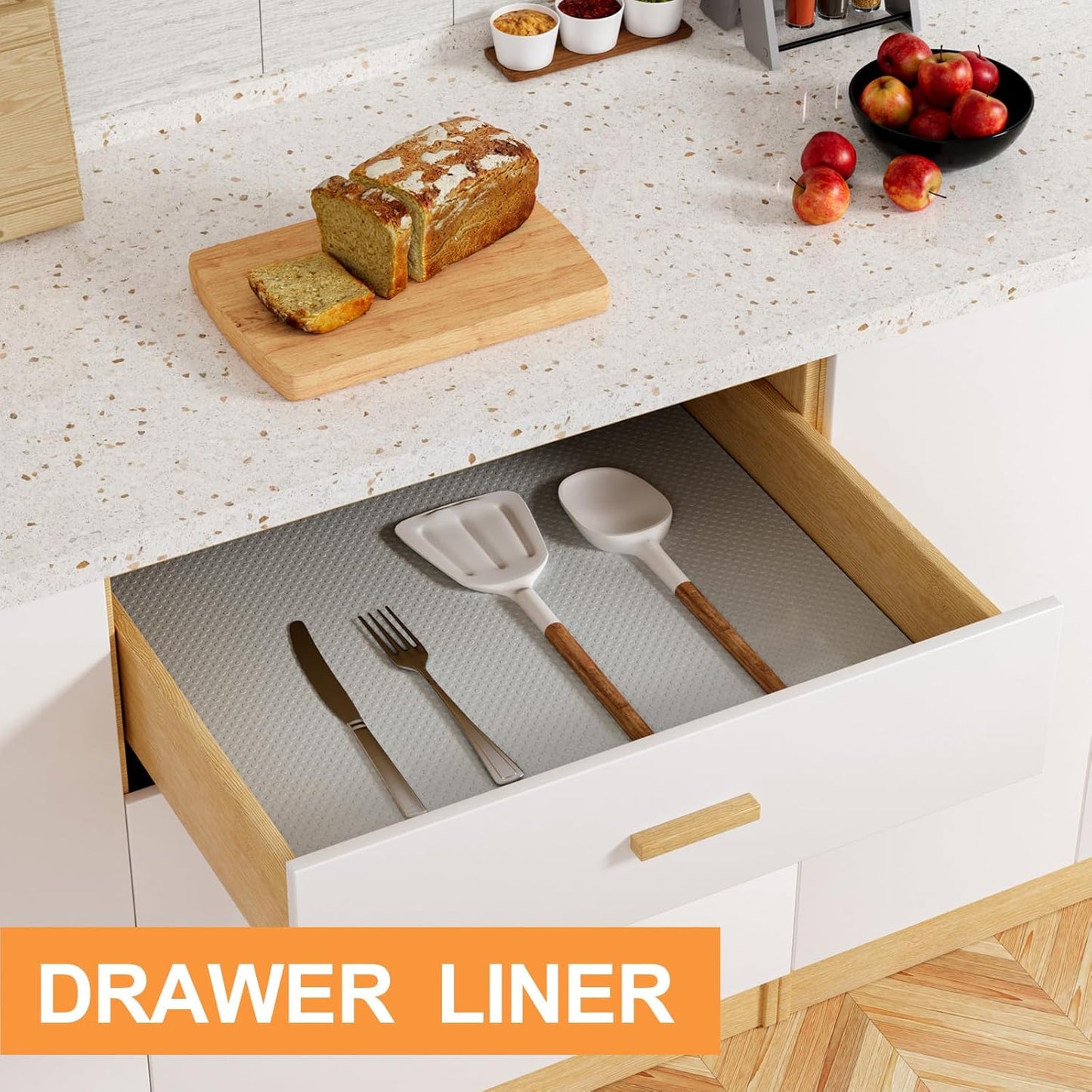 Cabinet Shelf Liner 17.7-inch Wide: Waterproof Kitchen Cabinets Liners Light Gray - 17.7 Inch x 25 FT Non-Adhesive Easy to Cut Drawer Mat for Pantry Shelves