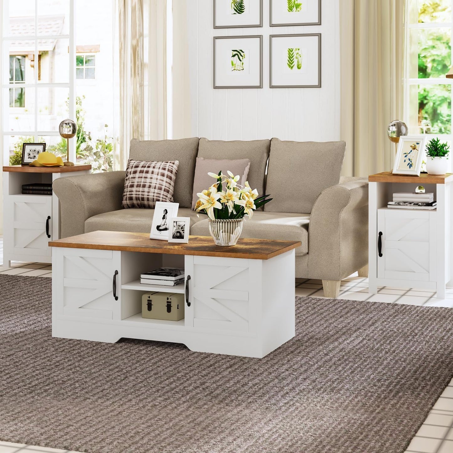 Farmhouse Nightstand with Charging Station, Couch Side Table Set of 2, Bedside Table with Storage Space, End Tables with Barn Door, Bed Side Tables for Living Room and Bedroom, White