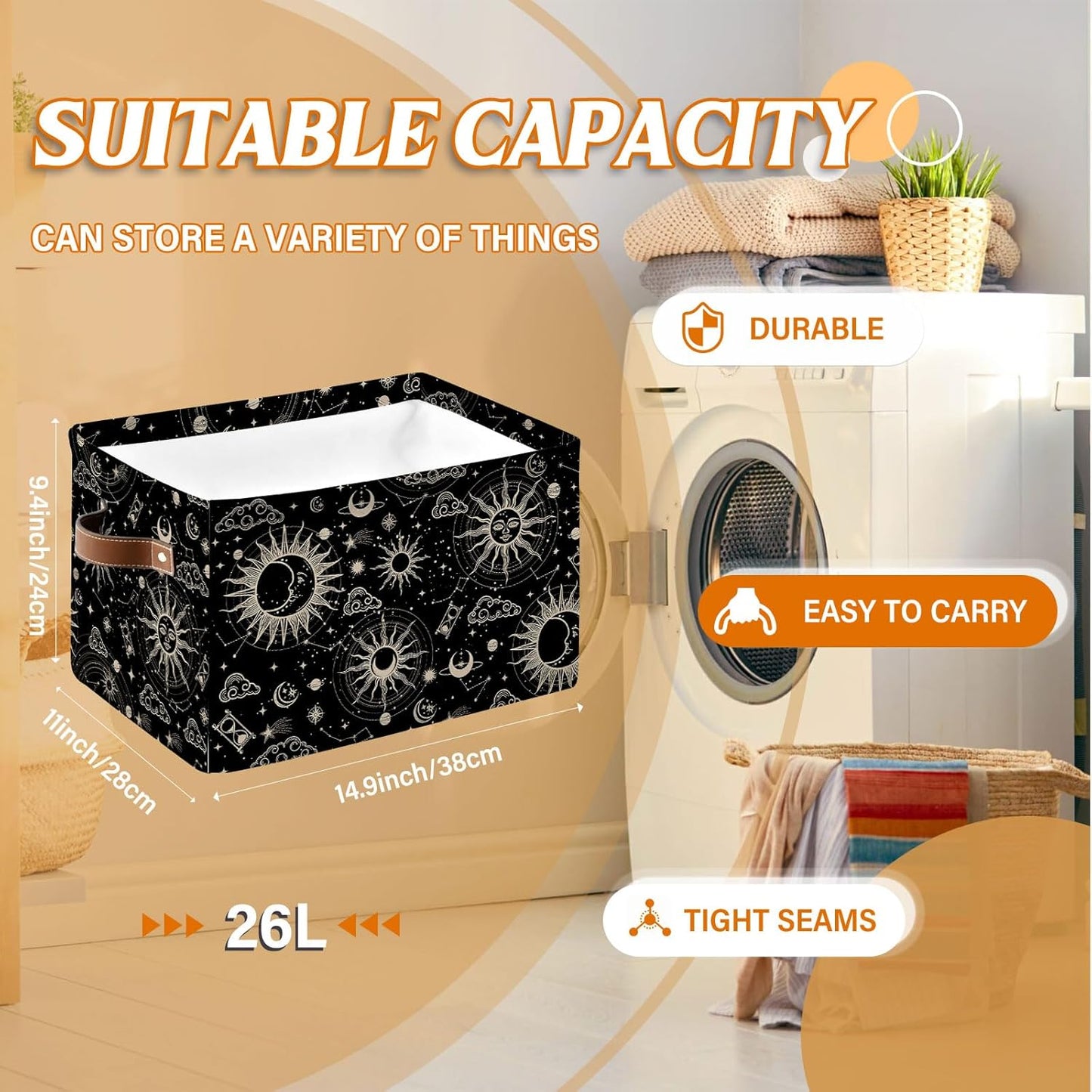 Rectangle Black Sky Nursery Storage Basket, Collapsible Storage Box Bin with Handles for Toy, Star Storage Basket, Laundry Organizer for Room, Gifts for Chritsmas Thanksgiving 14.9x11x9.4in