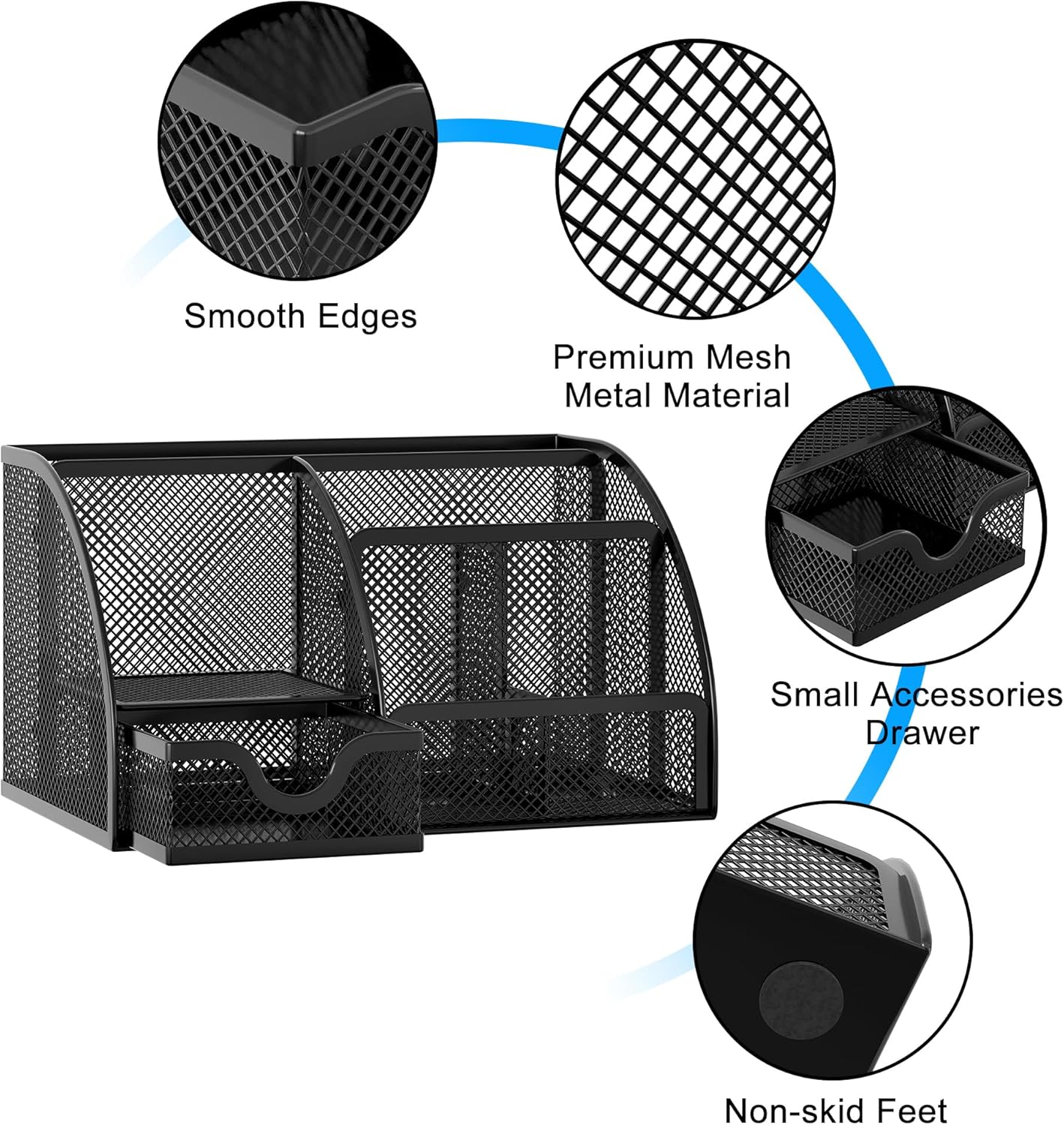 EasyPAG Mesh Desk Organizer with Drawer Multi-functional Pen Holder Stationery Organizer for Office School Supplies 6 Compartments Dorm Organizers and Storage for Desk, Black