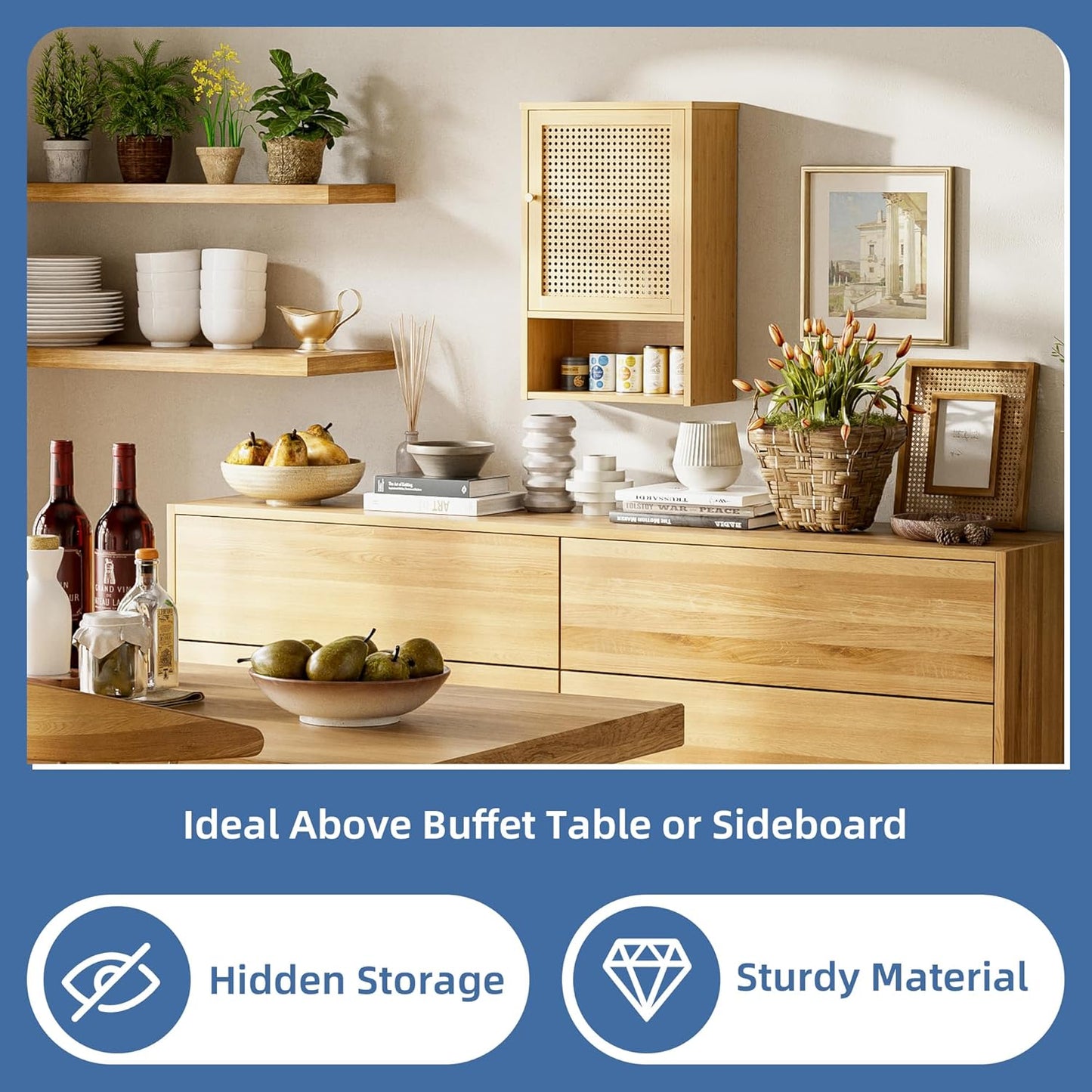 HITNET Bathroom Wall Cabinet, Rattan Medicine Cabinet, Bamboo Hanging Storage Organizer Over The Toilet with Adjustable Shelf for Living Room, Kitchen, Hallway(Natural)