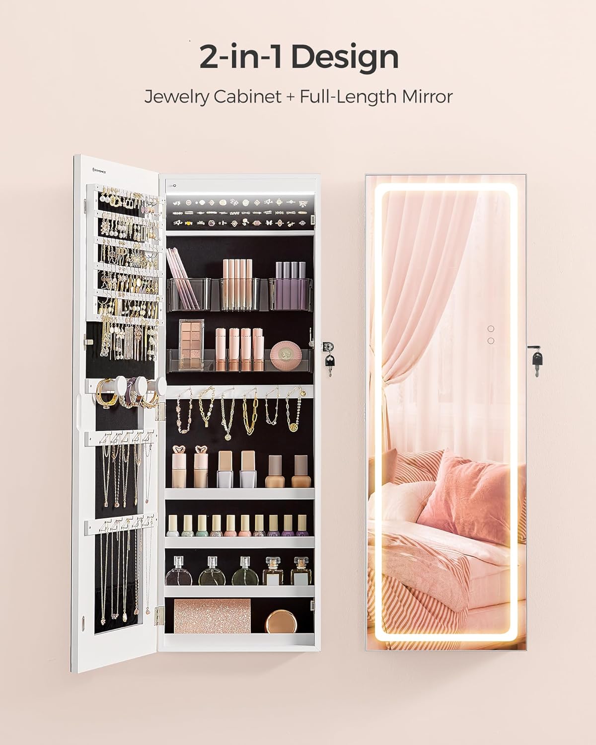 SONGMICS LED Mirror Jewelry Cabinet Armoire, Wall or Door Mounted Jewelry Storage Organizer, Hanging Lockable Frameless Mirror Cabinet with 2 Plastic Cosmetic Organizers, Christmas Gift Idea, White