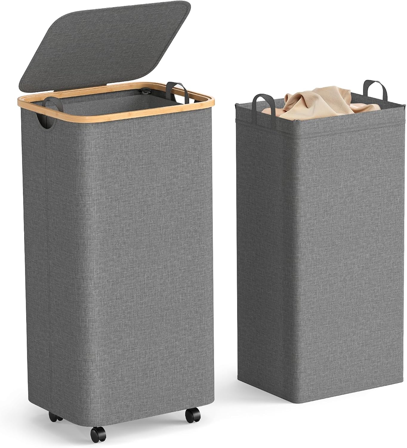 Yecaye 100L Large Capacity Laundry Hamper – Foldable Rolling Laundry Basket, Mobile Clothes Hamper with Wheels, Removable Inner Bag, Bamboo Handle Lid Laundry Bin – Multi-Use Storage,Grey