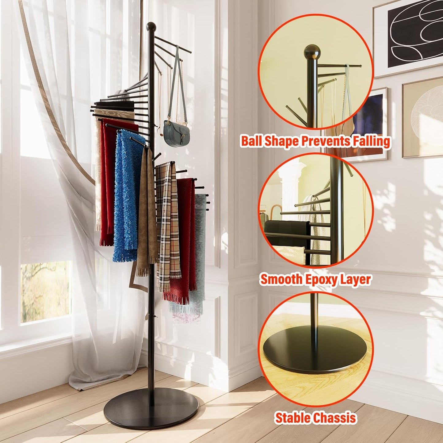 Spiral Scarf Rack with 30 Rods, Freestanding Metal Scarf Organizer, Space Saving Shelves, Commercial Hijab Organizer Stand for Home Clothing and Clothes Store (Black)