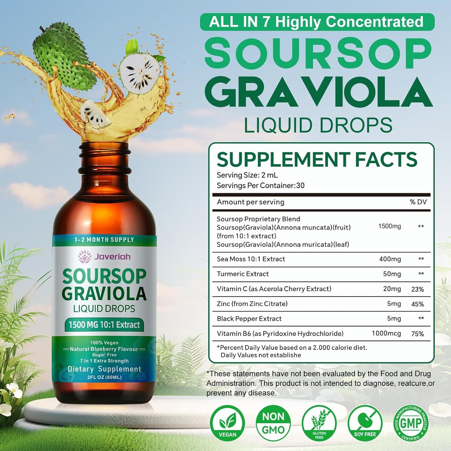 Soursop Bitters Liquid Drops Supplement with Irish Sea Moss & Turmeric for Cellular Support, Immune System Boost, Liver Health, Soursop Graviola Liquid Leaves Extract 2 Month Supply 60ML