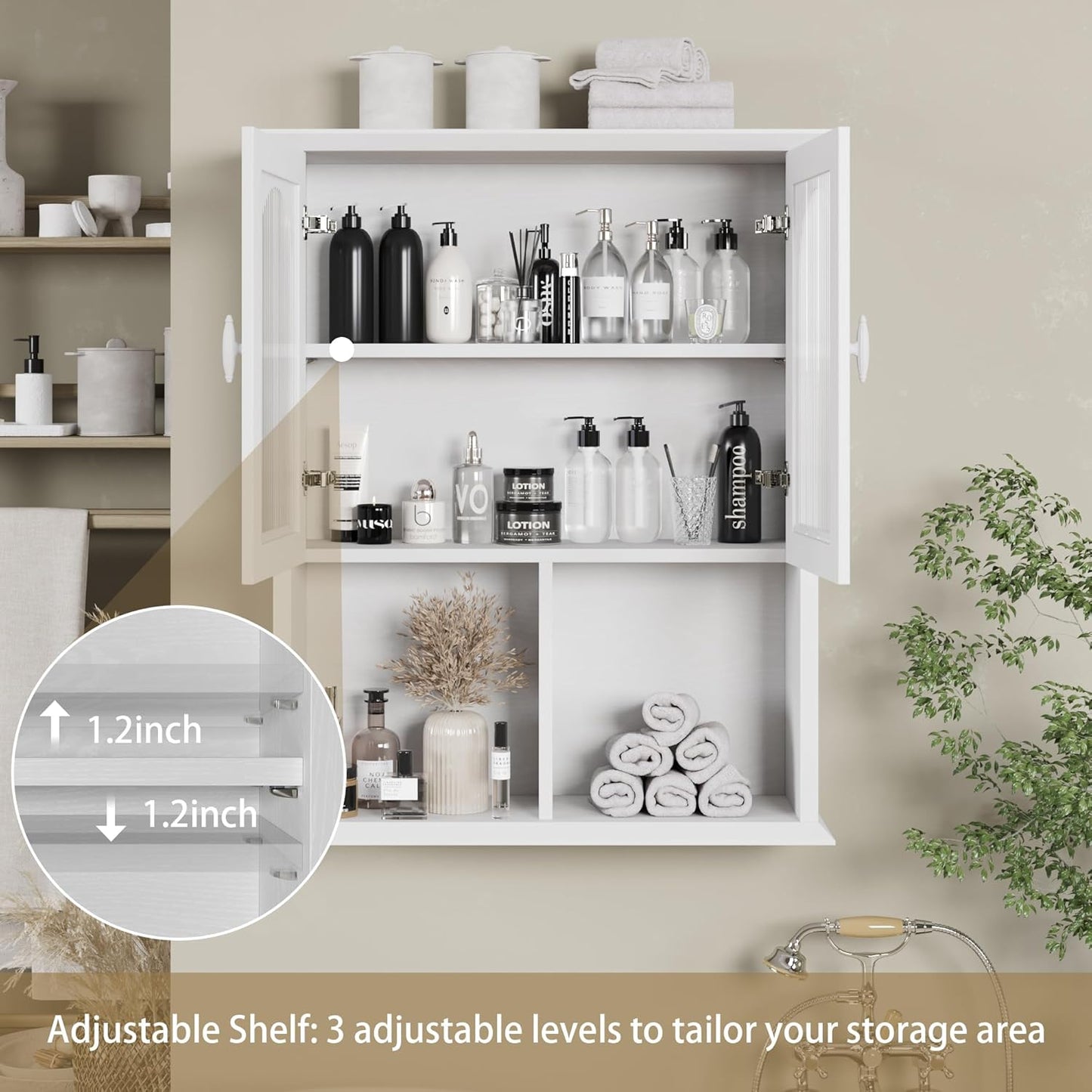 CJL Bathroom Wall Cabinet with Fluted Door, 23.6'' x 29.5'' Medicine Cabinet, Over The Toilet Storage Cabinet, White