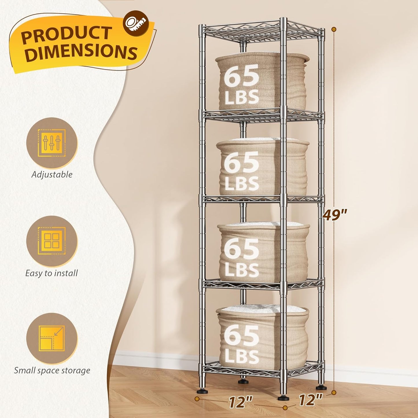 5 Wire Shelving Metal Shelves Storage Rack:Adjustable Storage Shelves Standing Shelf Units and Narrow Shelf for Laundry Bathroom Kitchen Pantry Closet Office 12''Wx12''Dx49''H Chrome
