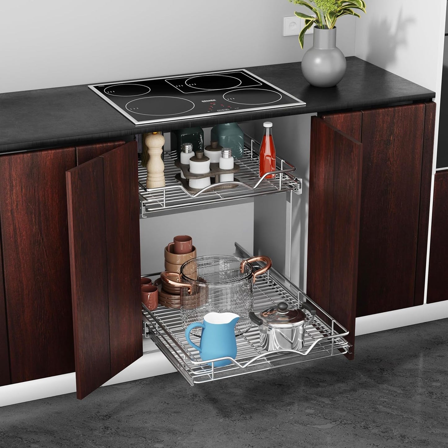HOLDN’ STORAGE Two Tier Pull Out Cabinet Organizer, Individual Sliding Drawers - Heavy Duty Metal with Lifetime Limited Warranty - Anti Rust Chrome Finish - 28" W x 21”D x 16.5" H