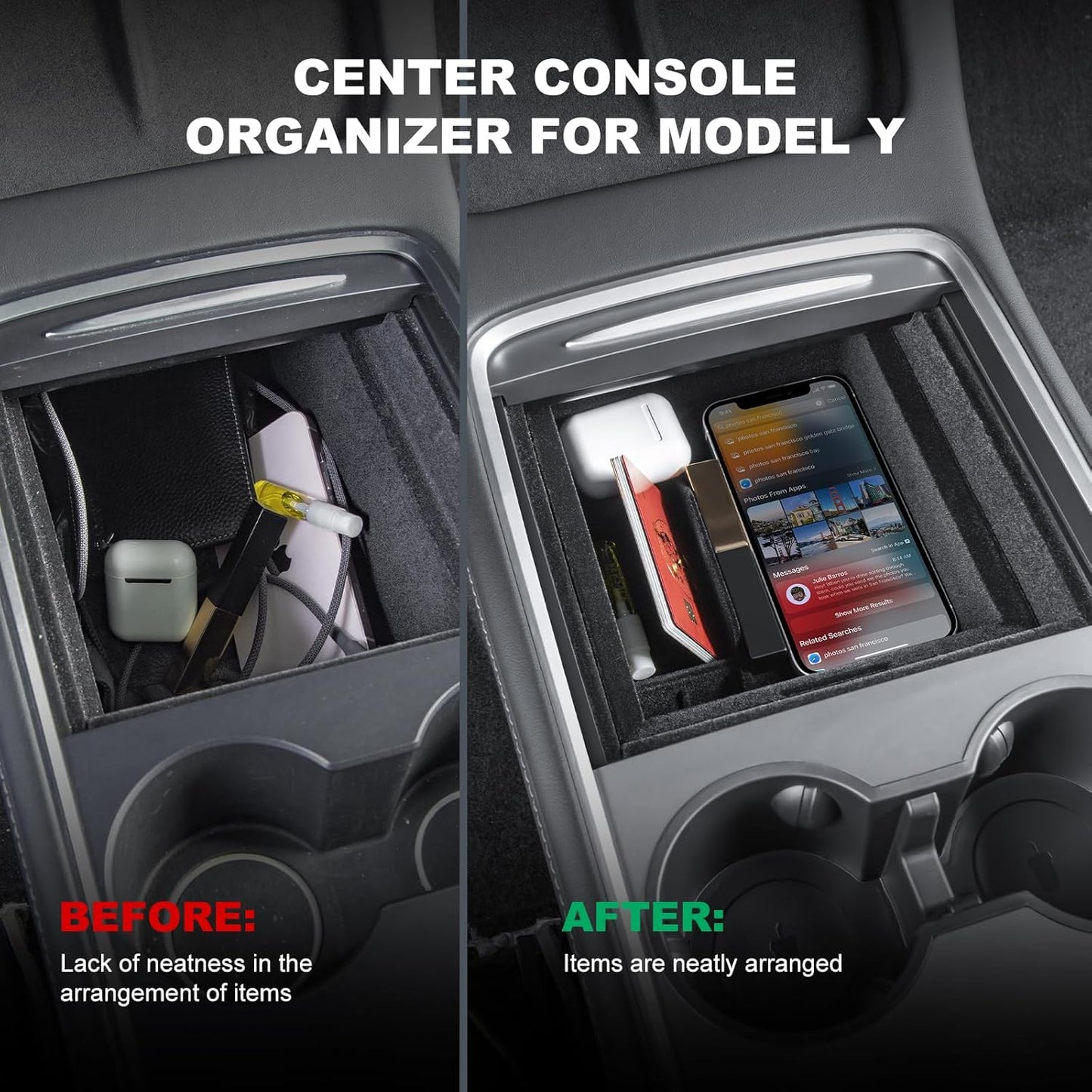 Center Console Organizer for Tesla Model Y 2021-2024 [Upgraded] Flocked Center Console Organizer Tray Armrest Hidden Storage Box Cup Holder Silicone Key Card Holder for Tesla Model 3 2021-2023