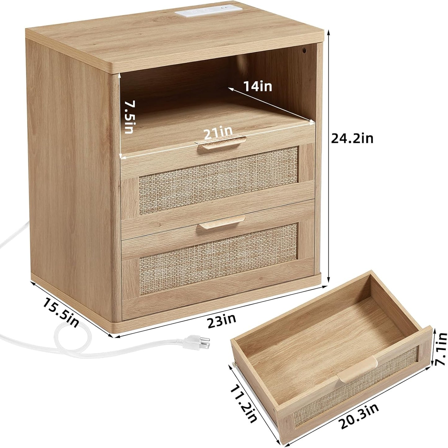 LEYAOYAO Rattan Night Stand with Charger Station, 23" Wide Boho Nightstand with 2 Drawers, Natural Wood Bedside Table Open Storage Cabinet, Bed Side End Tables Dresser for Bedroom, Living Room Hallway