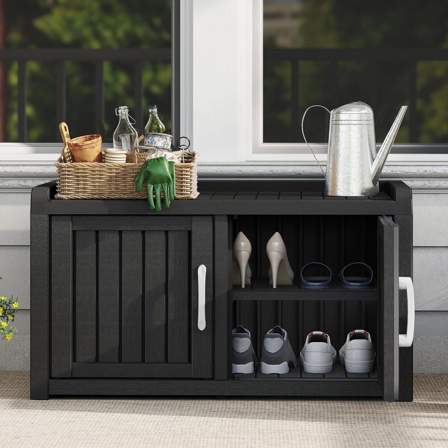 KAMABOKO Outdoor Shoe Storage Cabinet, Waterproof UV-Resistant Entryway Storage Bench Indoor Outdoor with 2 Barn Doors, Adjustable Shelves for Entryway, Bedroom, Hallway,Living Room(Classic Black)