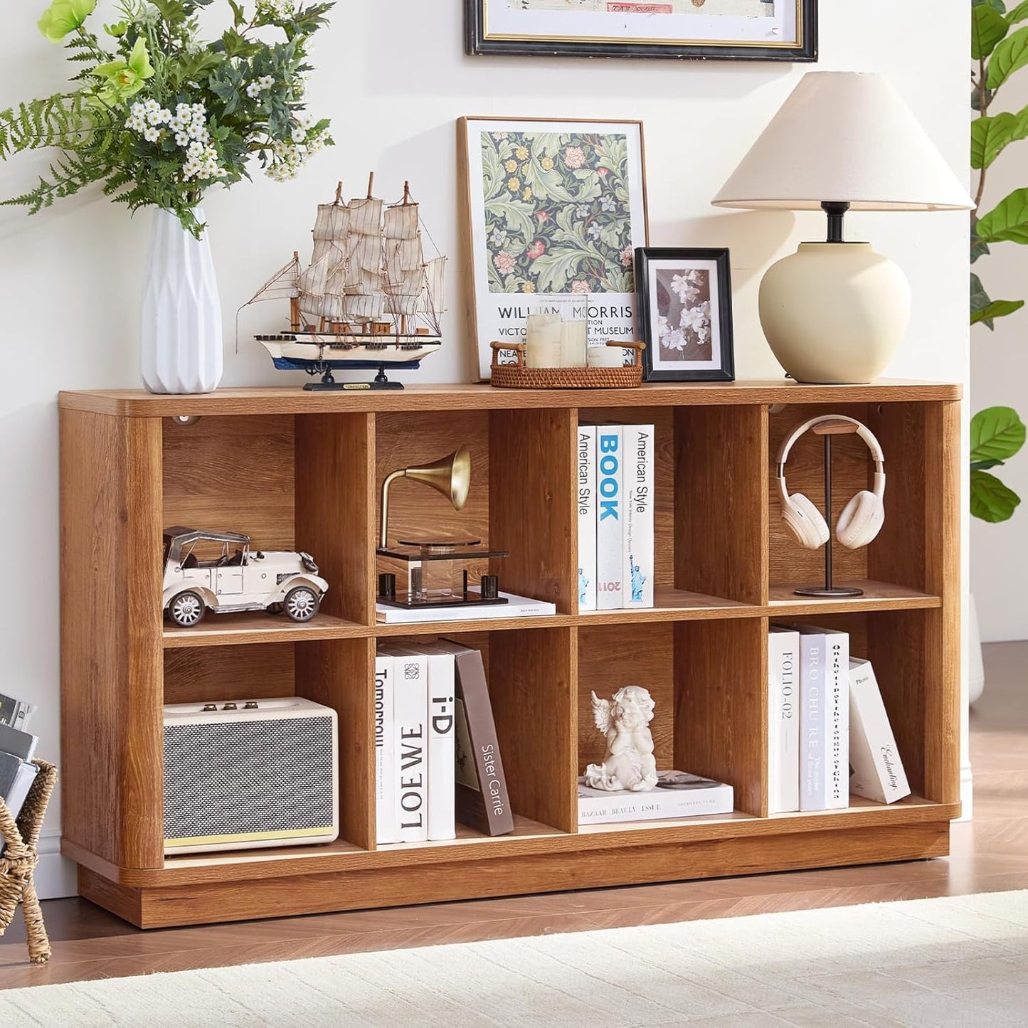 8 Cube Storage Book Shelf, 52" Long Horizontal Bookshelf with Curved Edge, Floor Standing Wooden Cubby Bookcase with Base, Low Modern Console Book Case, TV Stand for Living Room, Brown