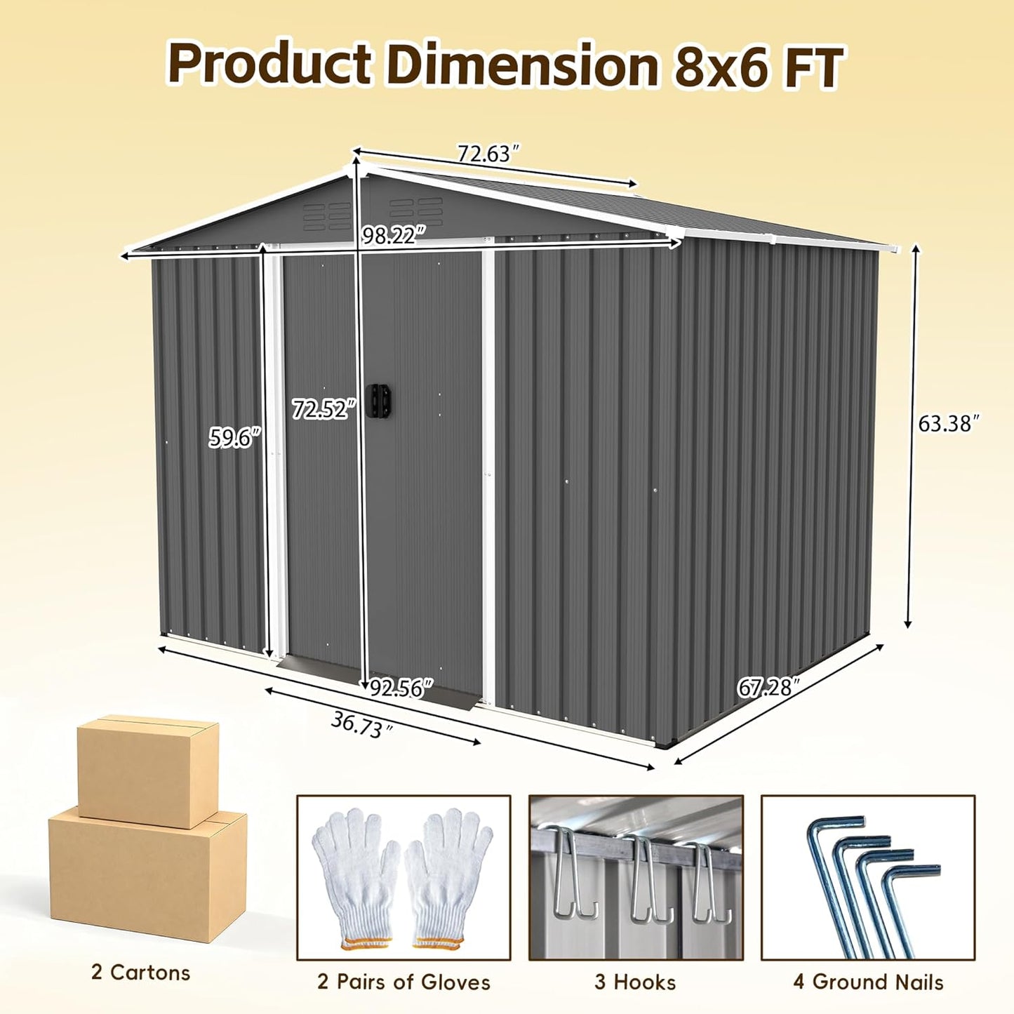 8x6ft Outdoor Metal Storage Shed with Lockable Sliding Door & Sloping Roof, Galvanized Steel Frame Waterproof Garden Tool Shed for Backyard, Garden, Lawn