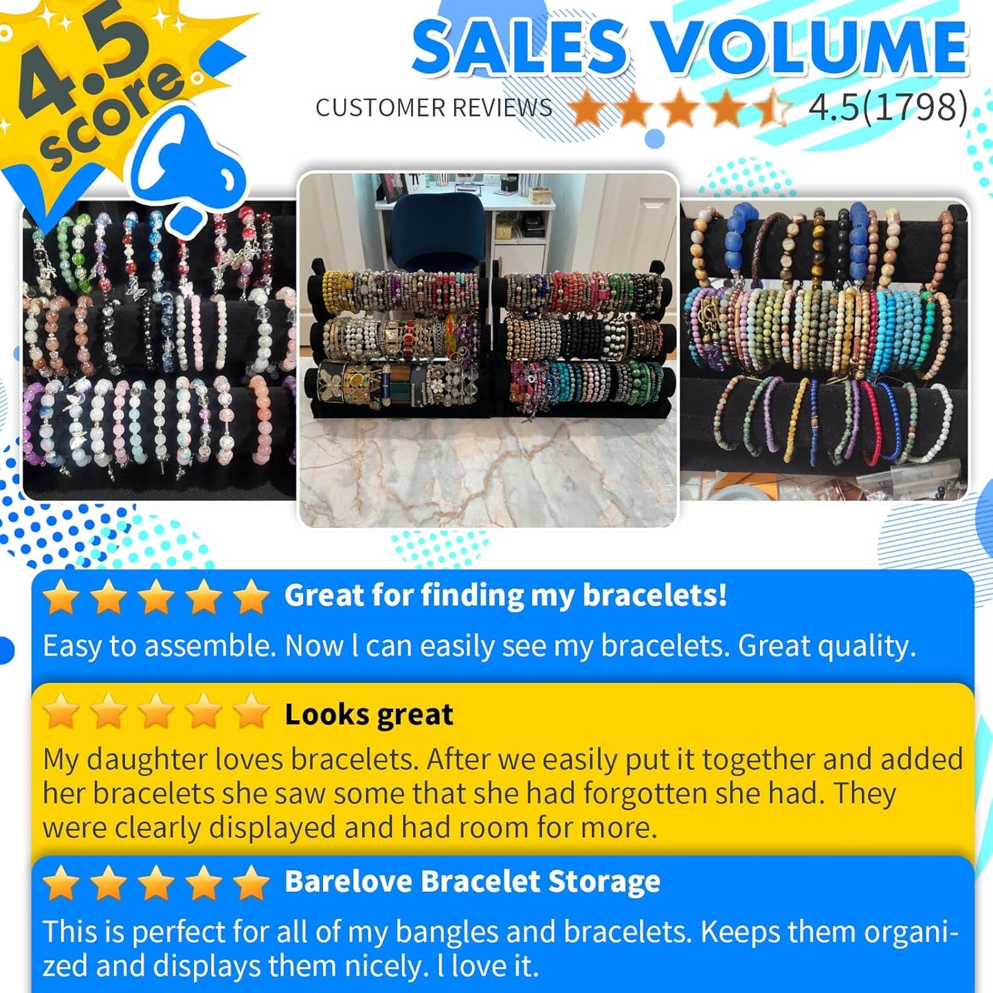 Barelove Velvet Bracelet Holder with 3 Tier Rack, Green T-Bar Storage Organizer Detachable Display Stand for Necklace Watch Bangles Bracelets Scrunchies Organization Showcase