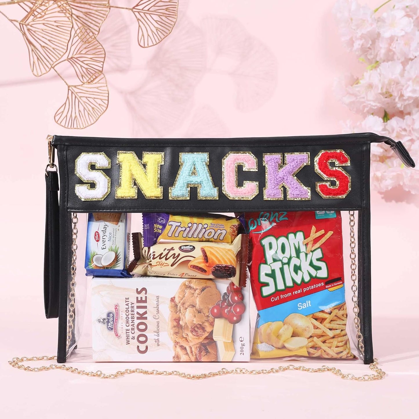 TopTTanBo Chenille Letter Clear Bag Purse Multi-purpose Transparent Waterproof Snacks Makeup Tote Bag with Wrist Strap