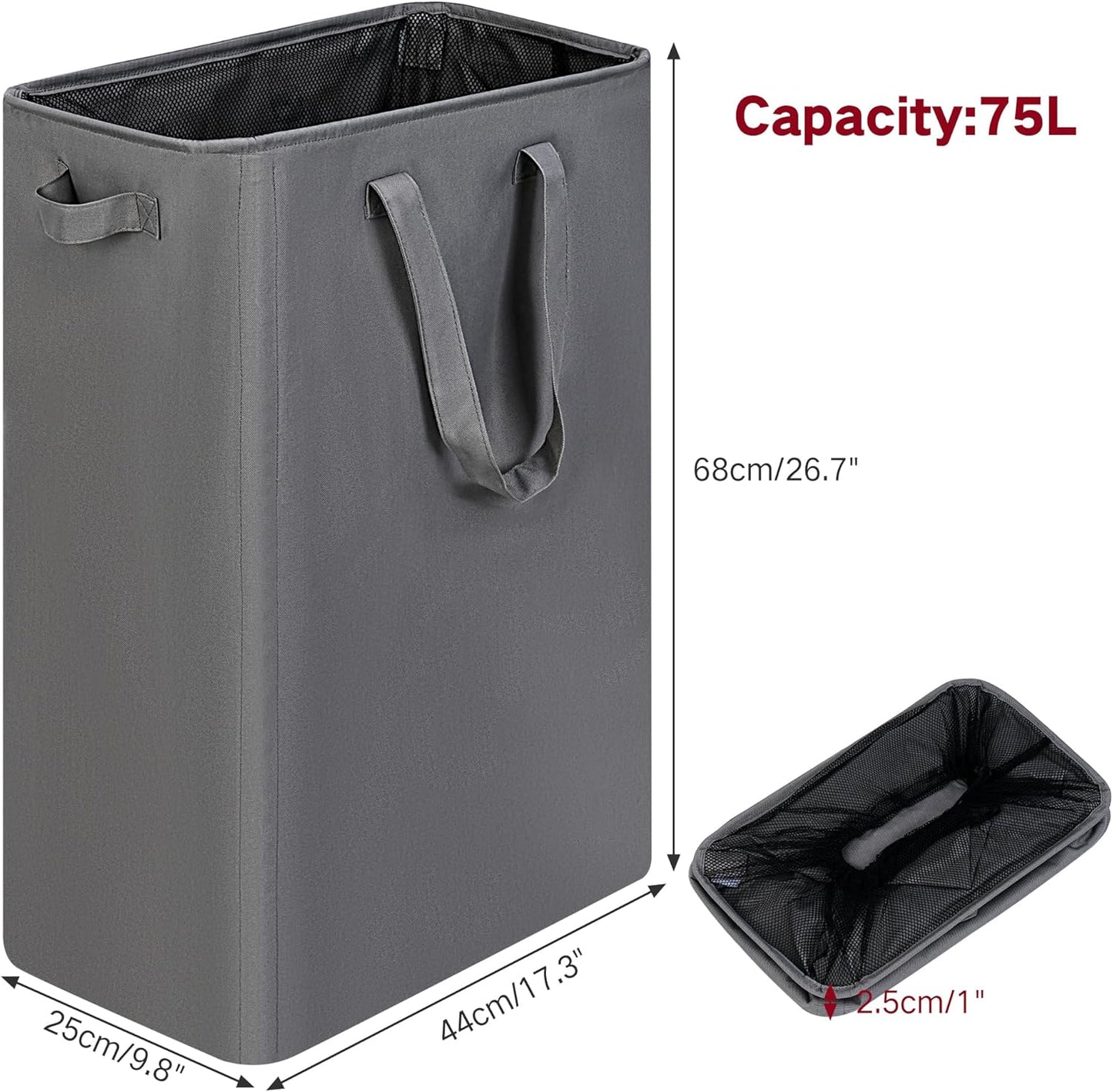 efluky Slim Laundry Basket, Narrow Laundry Hamper with Handles, Collapsible Dirty Clothes Hamper, Tall Laundry Bin for Laundry Room, Dorm and Bedroom, 19.8 Gallon (75L) Grey