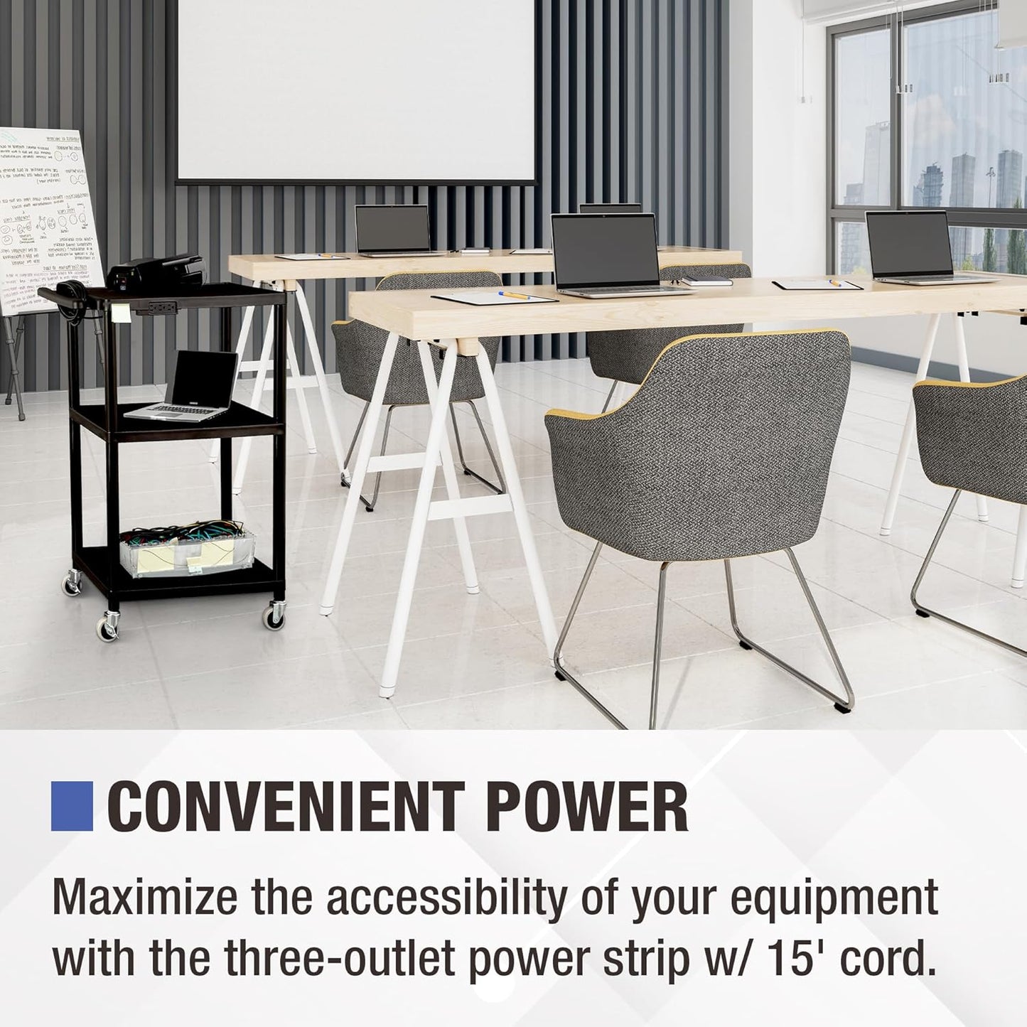 Norwood Commercial Furniture Mobile Utility AV Cart with Power Strip and Casters, Rolling Presentation and Media Cart on Wheels, Black