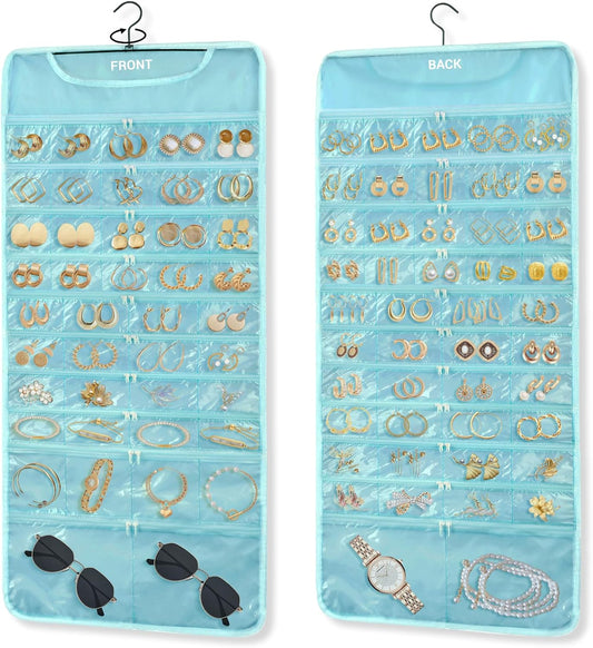 FOREGOER Hanging Jewelry Organizer with 88 Zippered Pockets, Dustproof Foldable for Travel, Accessories Organizer for Holding Jewelries Earring Organizers and Storage (Blue)