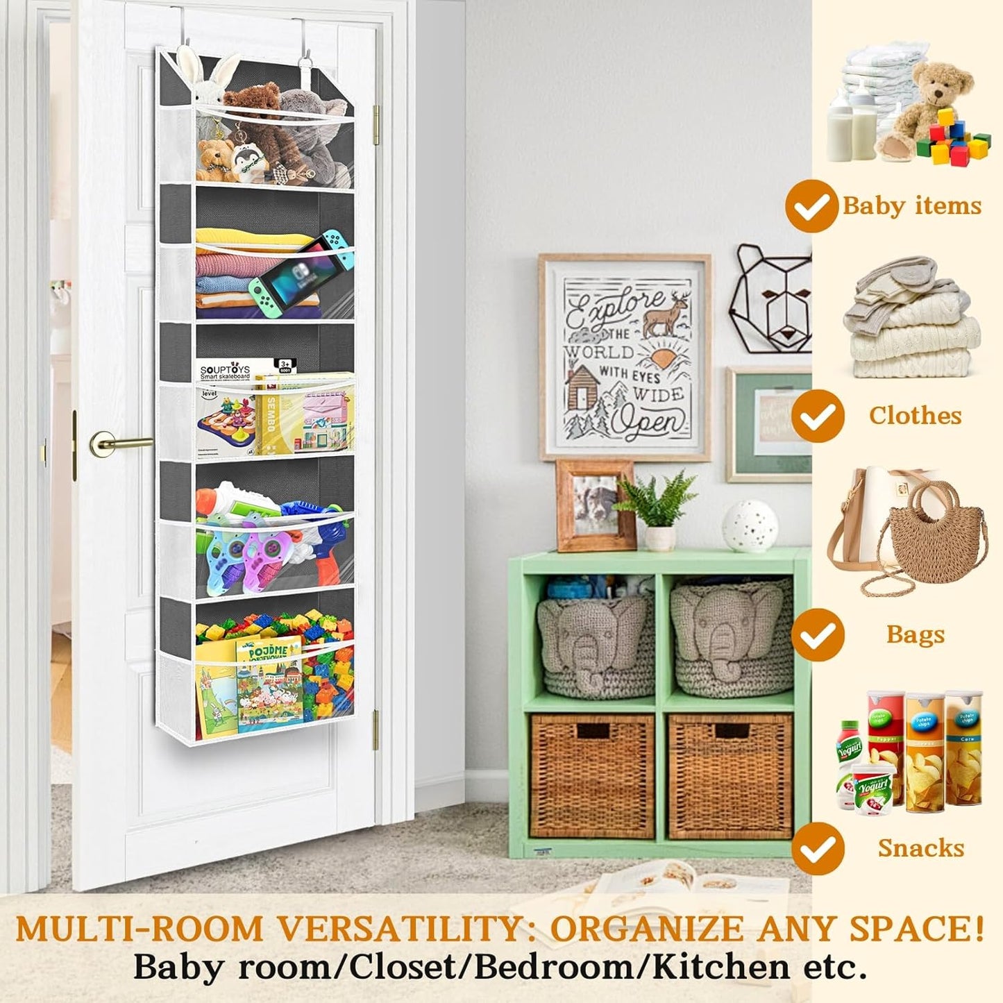 Ofiray-home Over Door Organizer with 5 Large Pockets, 5 Transparent Front Pockets & 10 Mesh Side Pockets, 50 lbs Weight Capacity Hanging Storage for Toys, Shoes, Diapers, Pantry – Grey