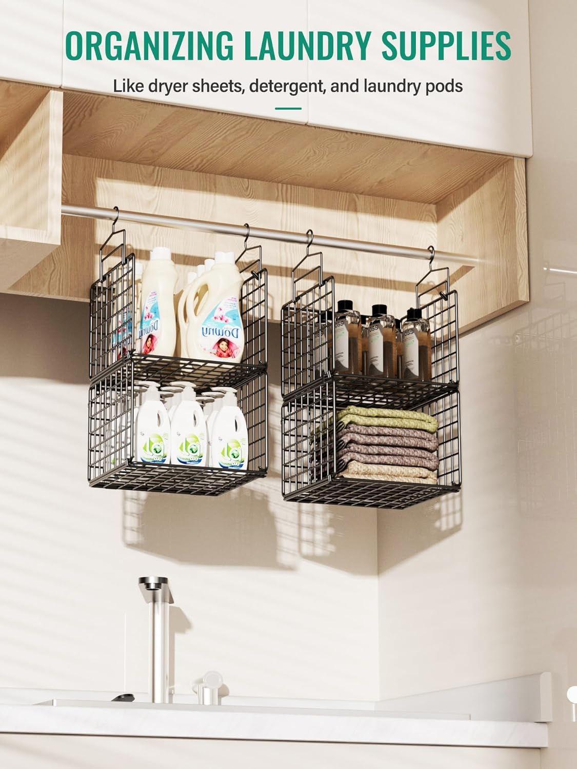 Hanging Closet Organizer, 4 Tier Metal Closet Organizers and Storage with 4 Hanging Hooks 4 S-Hooks for Wardrobe Laundry Room, Wire Storage Shelf for Clothes Sweaters Pants (Black)