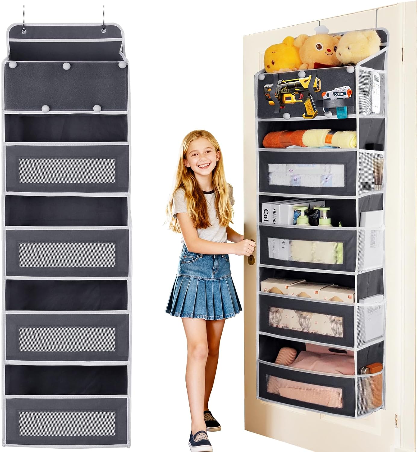 Over the Door Organizer, Large Capacity 5 Shelfs Hanging Door Organizer with Pockets and DIY Slots for Toys, Shoes, Diapers, Clothes, Behind Door Storage for Closet Wall Bedroom Nursery Pantry, Gray