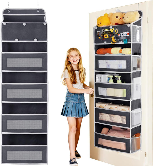 Over the Door Organizer, Large Capacity 5 Shelfs Hanging Door Organizer with Pockets and DIY Slots for Toys, Shoes, Diapers, Clothes, Behind Door Storage for Closet Wall Bedroom Nursery Pantry, Gray