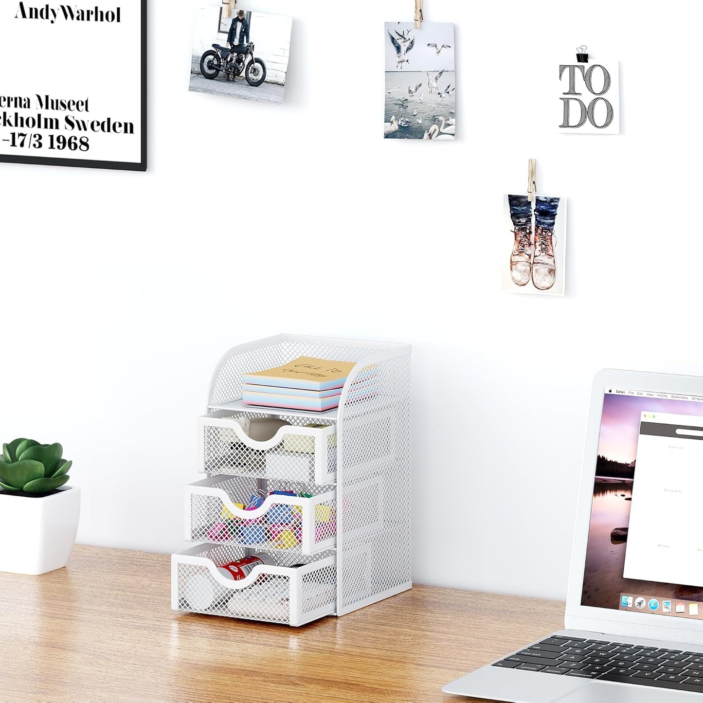 EasyPAG Mesh Desk Organizer with 3 Drawer Office Desktop Organizers and Accessories Stationery Caddy for Office, Home, Students, White