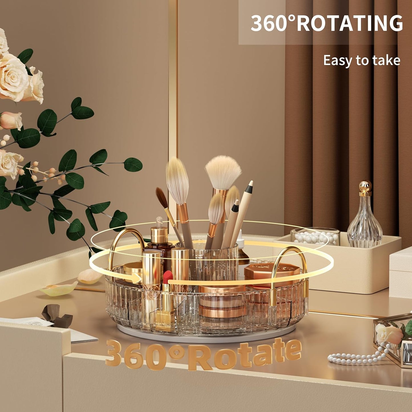 YCIA&DONE Rotating Makeup Organizer for Vanity, Large Capacity Make Up Storage Skin care Shelf Perfume Holders Cosmetic Dresser Organizer Countertop Spinning 360 (White Clear, 1Tier)