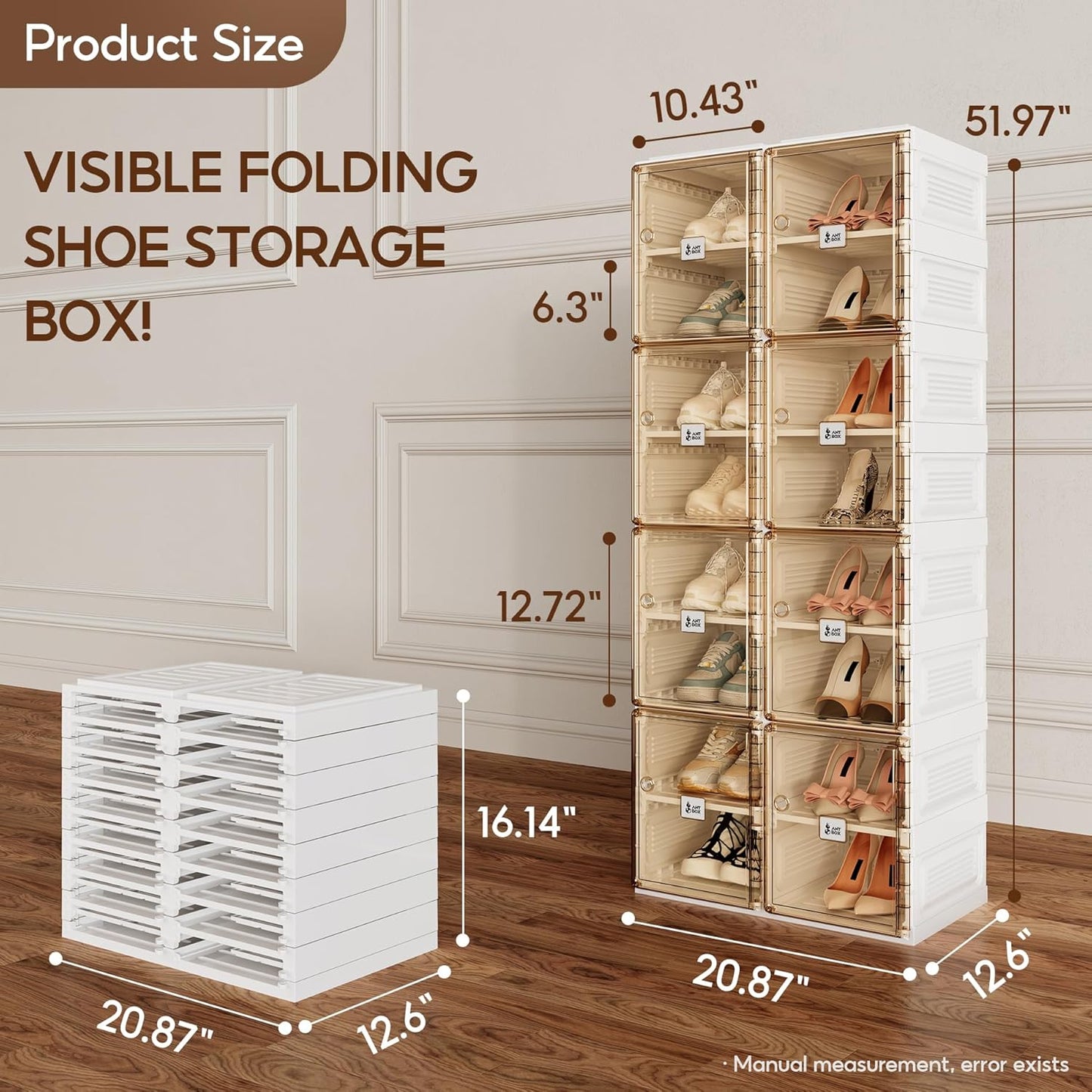 ANTBOX Shoe Organizer Storage Box, Portable Folding Shoe Rack For Closet With Magnetic Clear Door,Large Sneaker Cabinet Bins Sturdy Easy Assembly 8 Layers-16 Grids