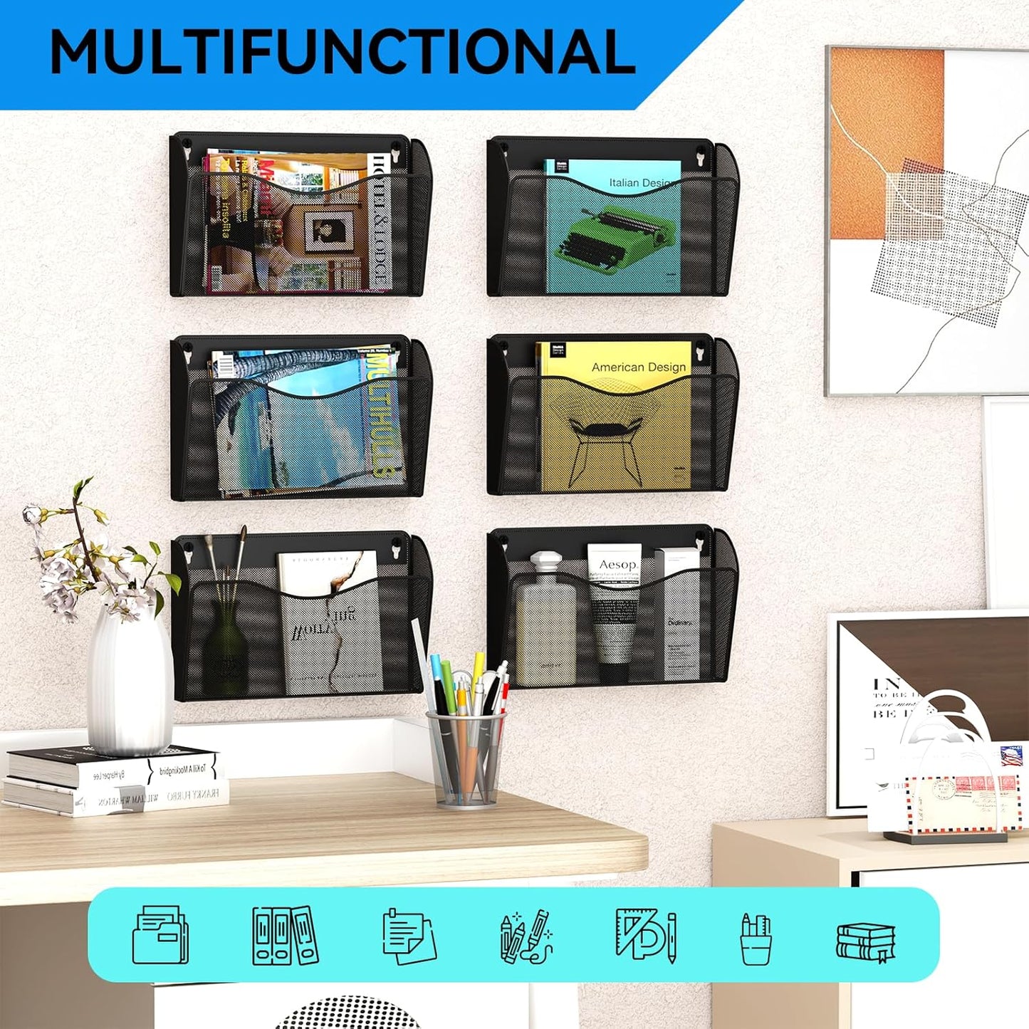 Single Pocket Wall File Holder, Mesh Hanging File Folder Paper Organizer, Vertical Wall Mounted Mail Basket, Storage Organization Magazine Rack for Office, Home and School, Black